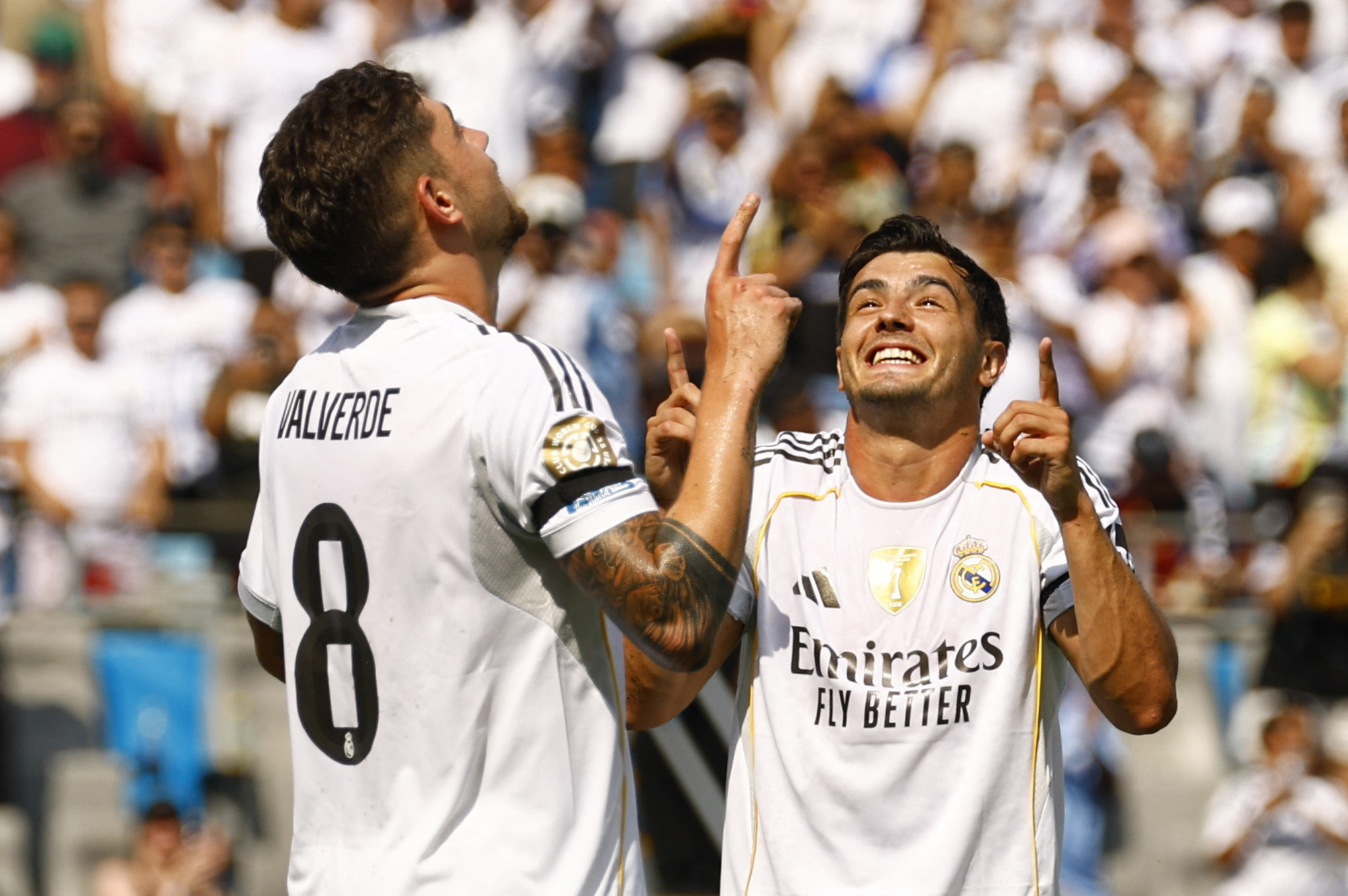 Real Madrid's Federico Valverde celebrates scoring their third goal with Brahim Diaz at the Club World Cup