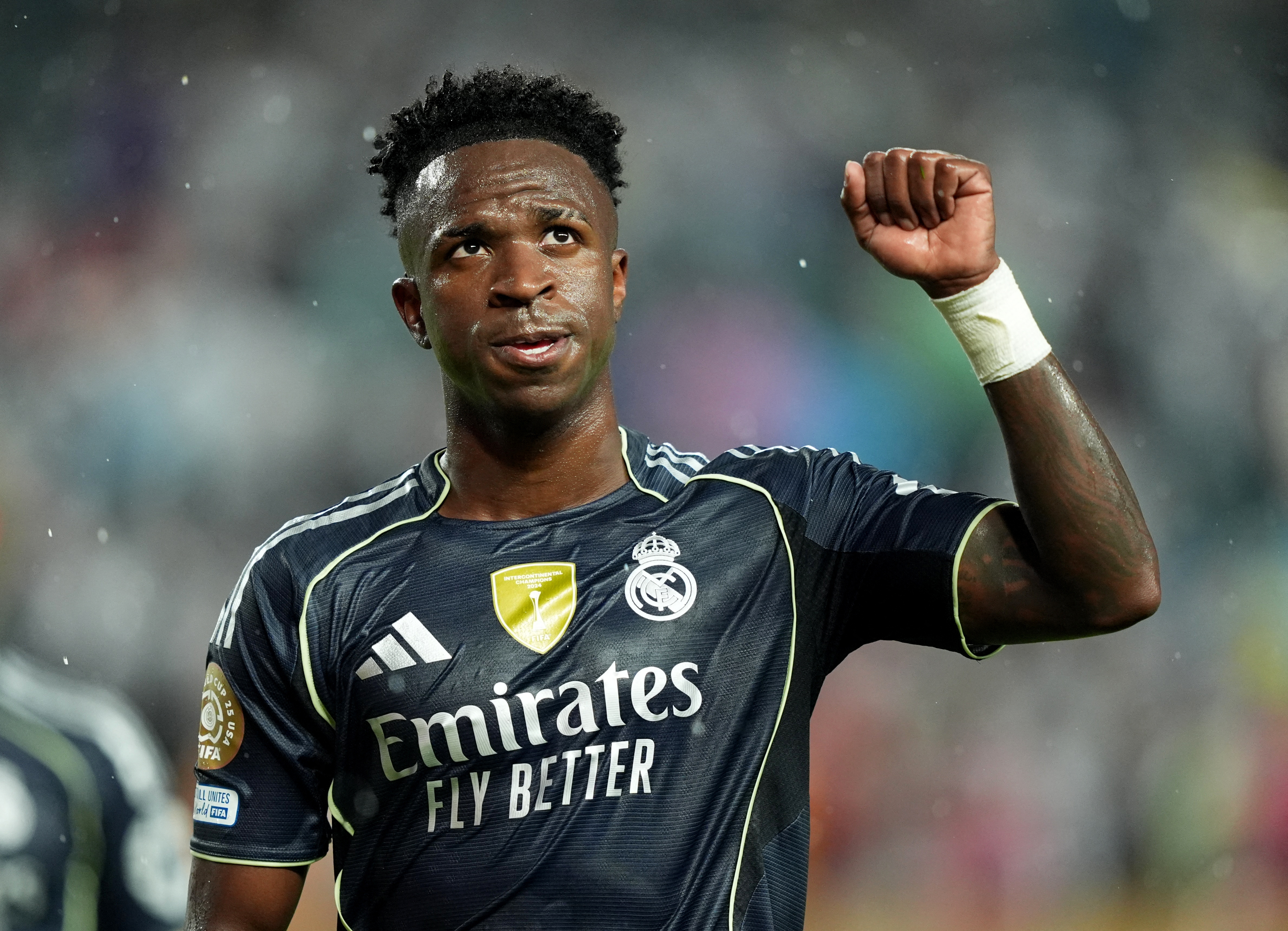 Real Madrid's Vinicius Junior reacts at half time