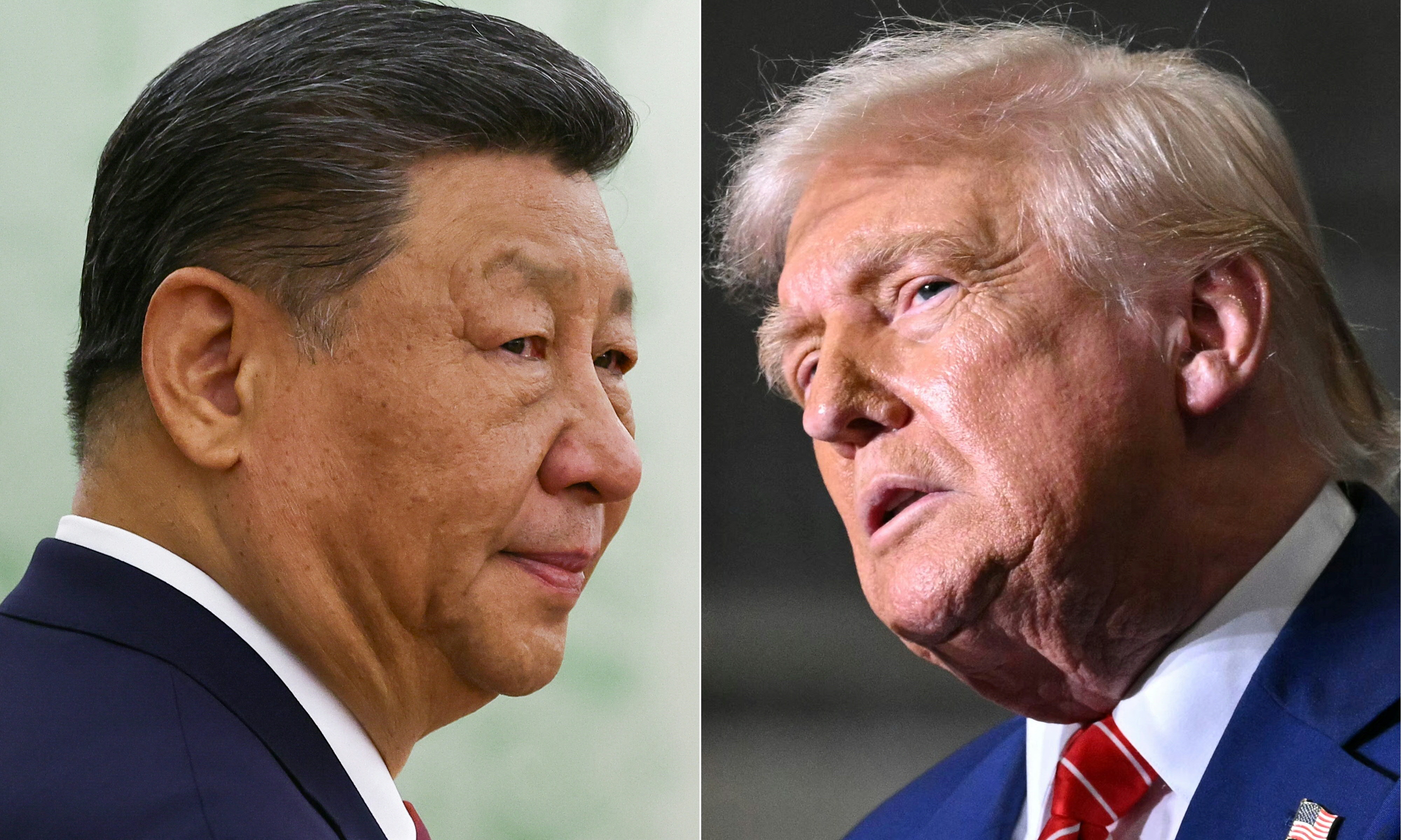 (COMBO) This combination of pictures created on June 05, 2025 shows, L/R, Chinese President Xi Jinping at the Kremlin in Moscow on May 8, 2025 and US President Donald Trump at US Steel - Irvin Works in West Mifflin, Pennsylvania, May 30, 2025. Chinese leader Xi Jinping held a phone call with US President Donald Trump on June 5, 2025, Chinese state media reported. The talks took place at Trump's request, the Xinhua news agency said without elaborating, and come as Washington and Beijing clash over areas such as trade and student visas [File: Photos by Evgenia Novozhenina and Saul Loeb/various sources/ AFP]