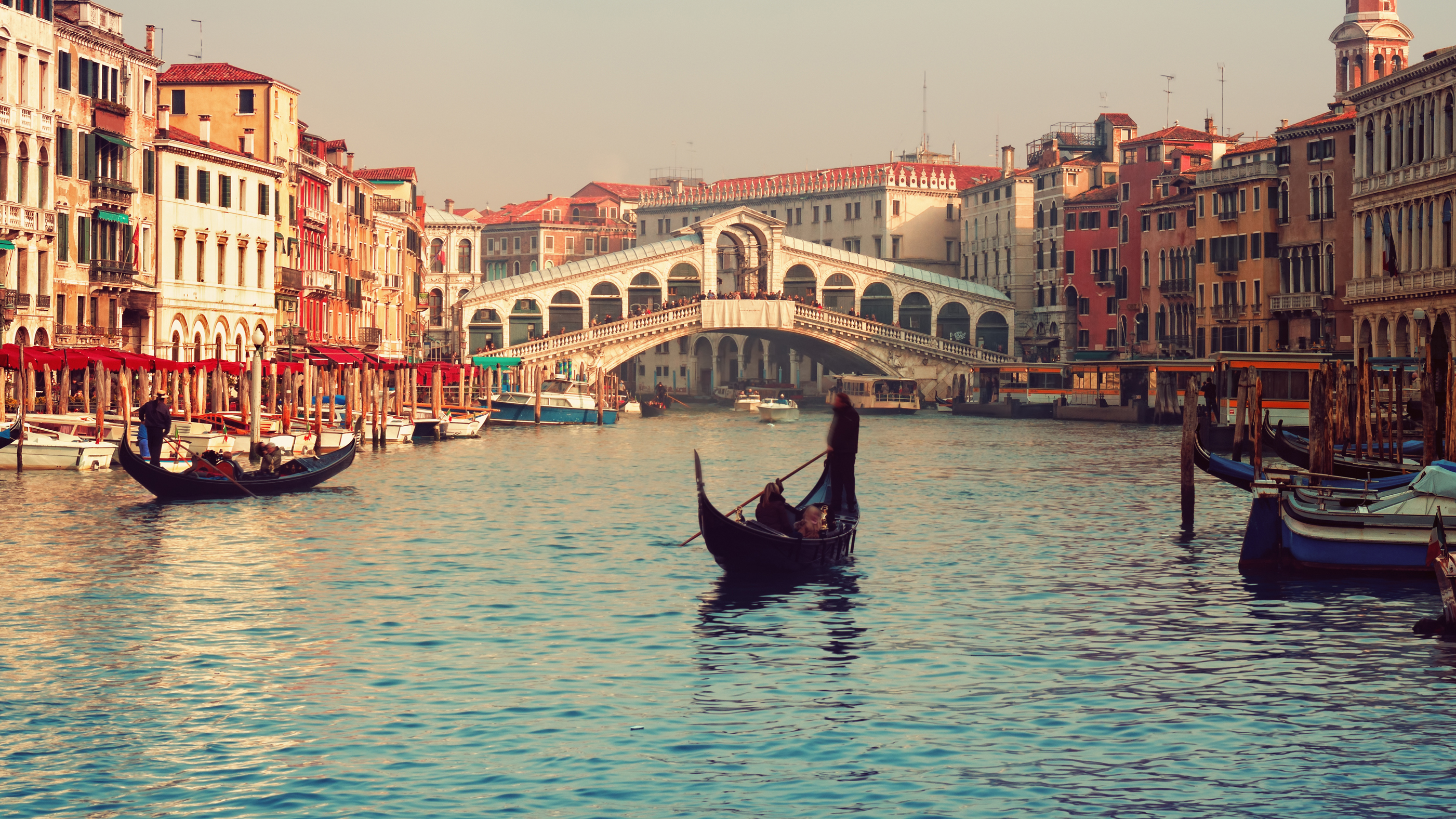 Rialto Bridge and gondolas in Venice.