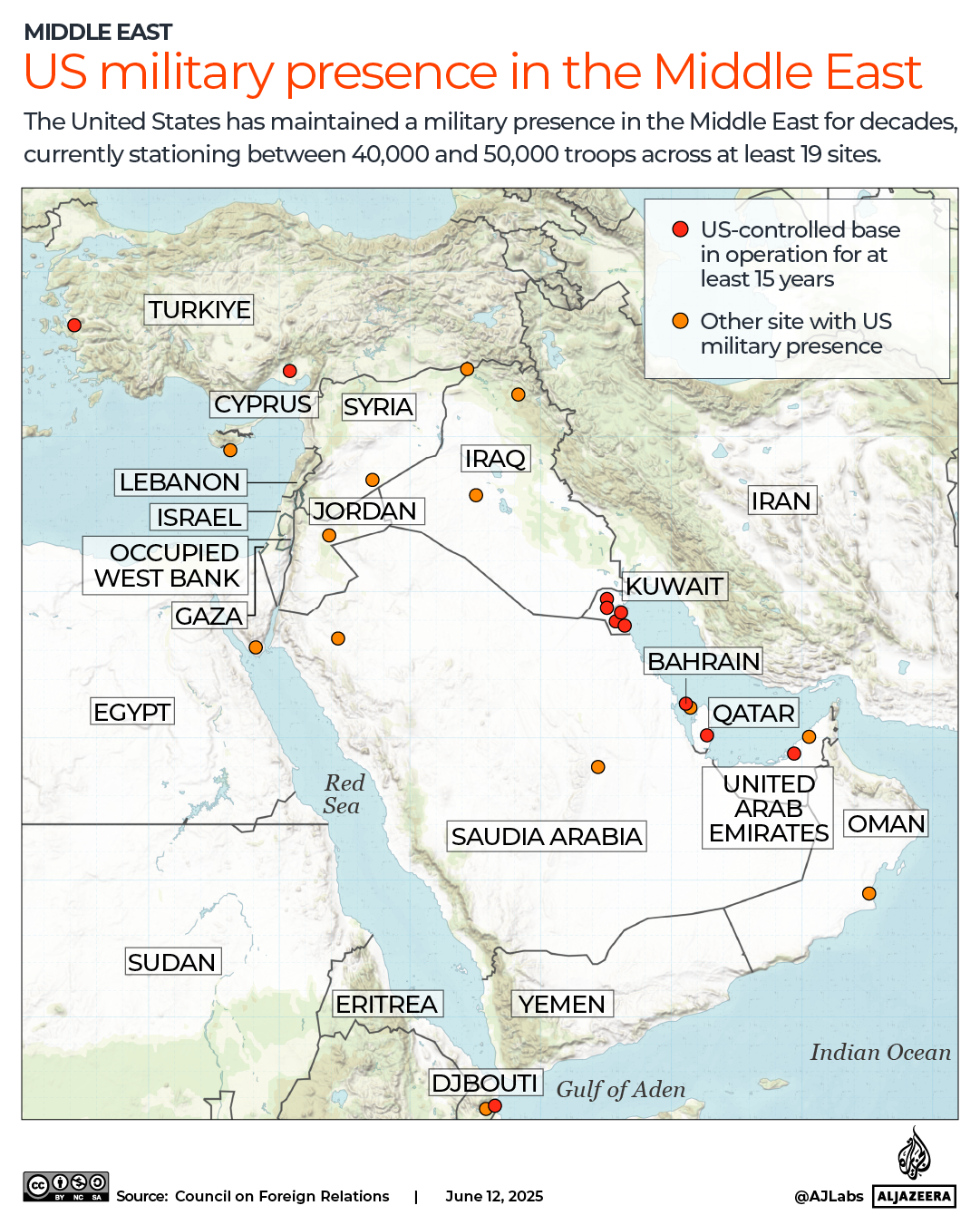 A map showing the US military presence in the Middle East