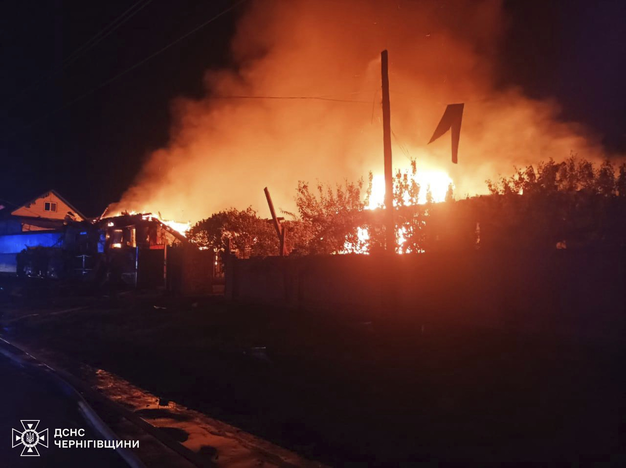 This photo provided by the Ukrainian Emergency Service, shows the fire following Russia's drone attack in the Pryluky, Chernihiv region, Ukraine, Thursday, June 5, 2025. (Ukrainian Emergency Service via AP)