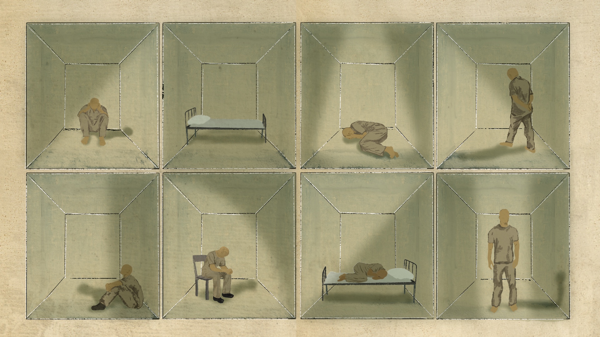 An illustration depicts eight boxes representing prison cells with a single prisoner in seven of the eight boxes