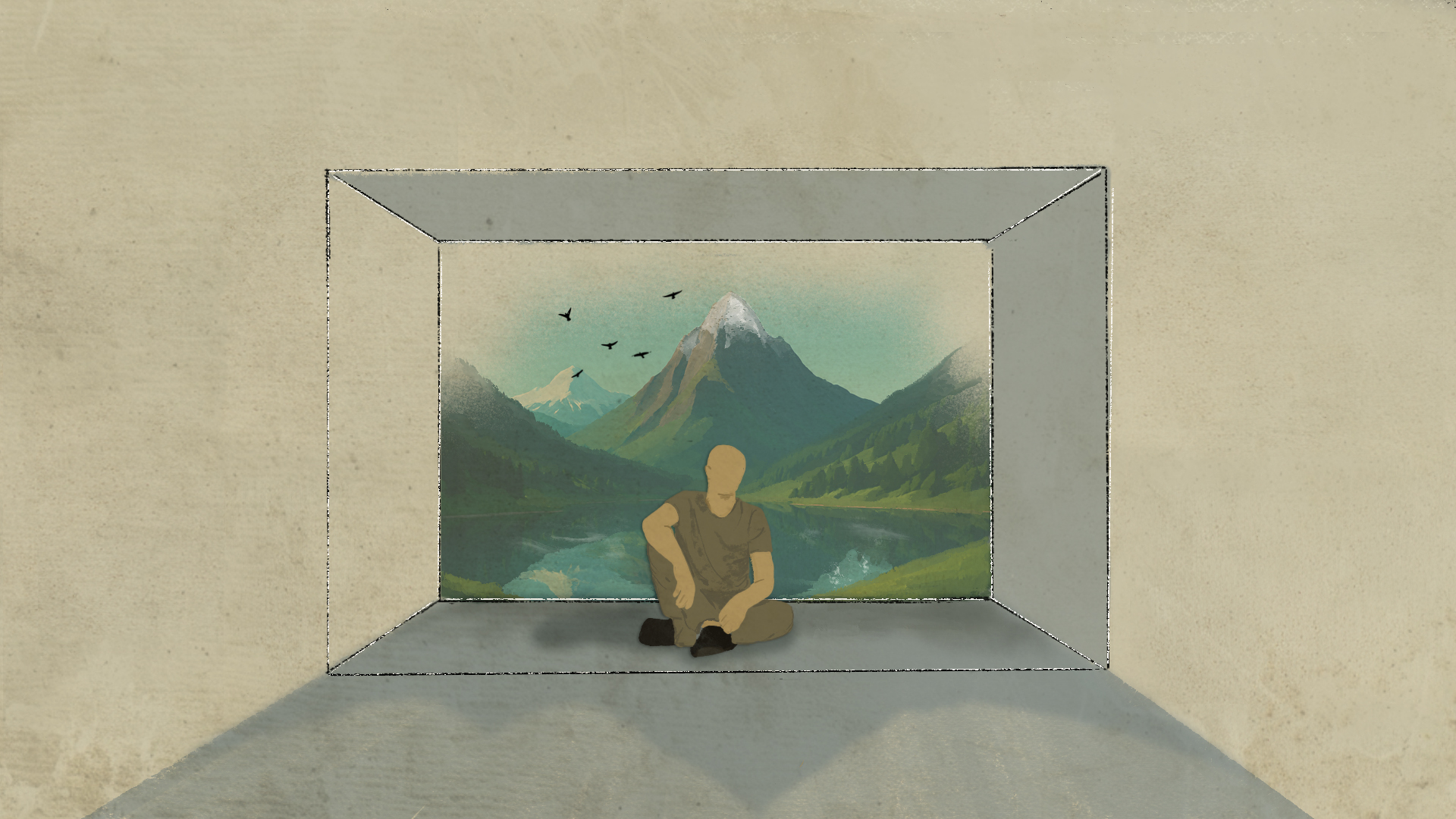 An illustration depicts a man sitting on the floor of a box, which represents a prison cell. Behind him is an image of snow-capped moutains, a river and meadows, representing his childhood summers spent in Pakistan Karakoram mountains