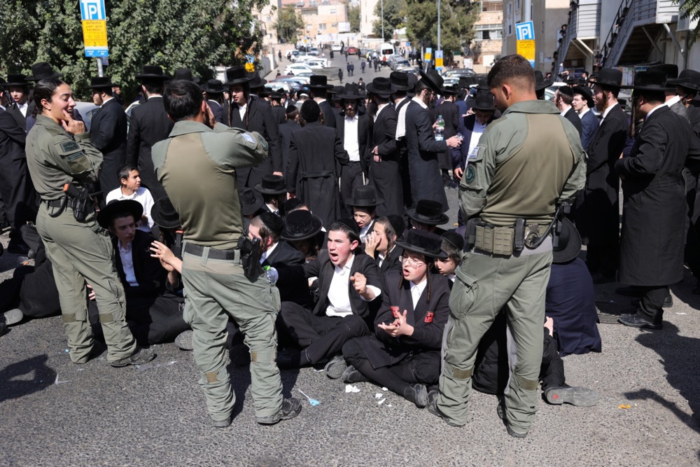 Israeli police deployed at a gathering of ultra-Orthodox Jewish protesters.