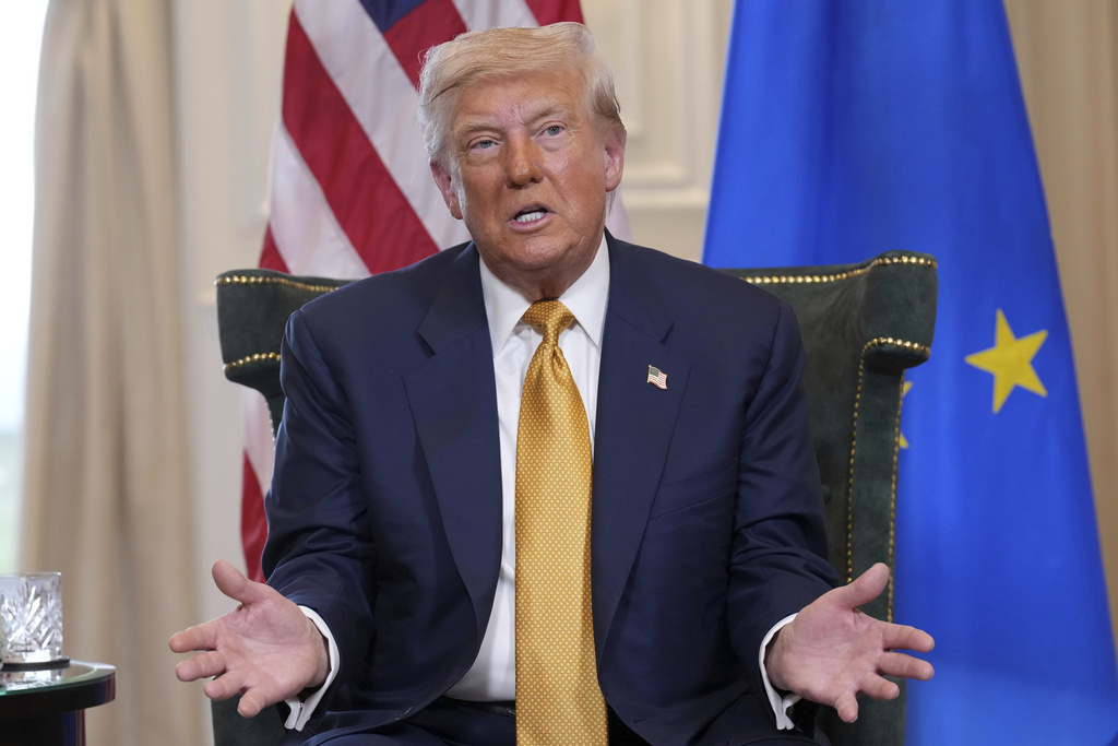 President Donald Trump gestures as he meets European Commission President Ursula von der Leyen at the Trump Turnberry golf course in Turnberry, Scotland, on Sunday, July 27, 2025