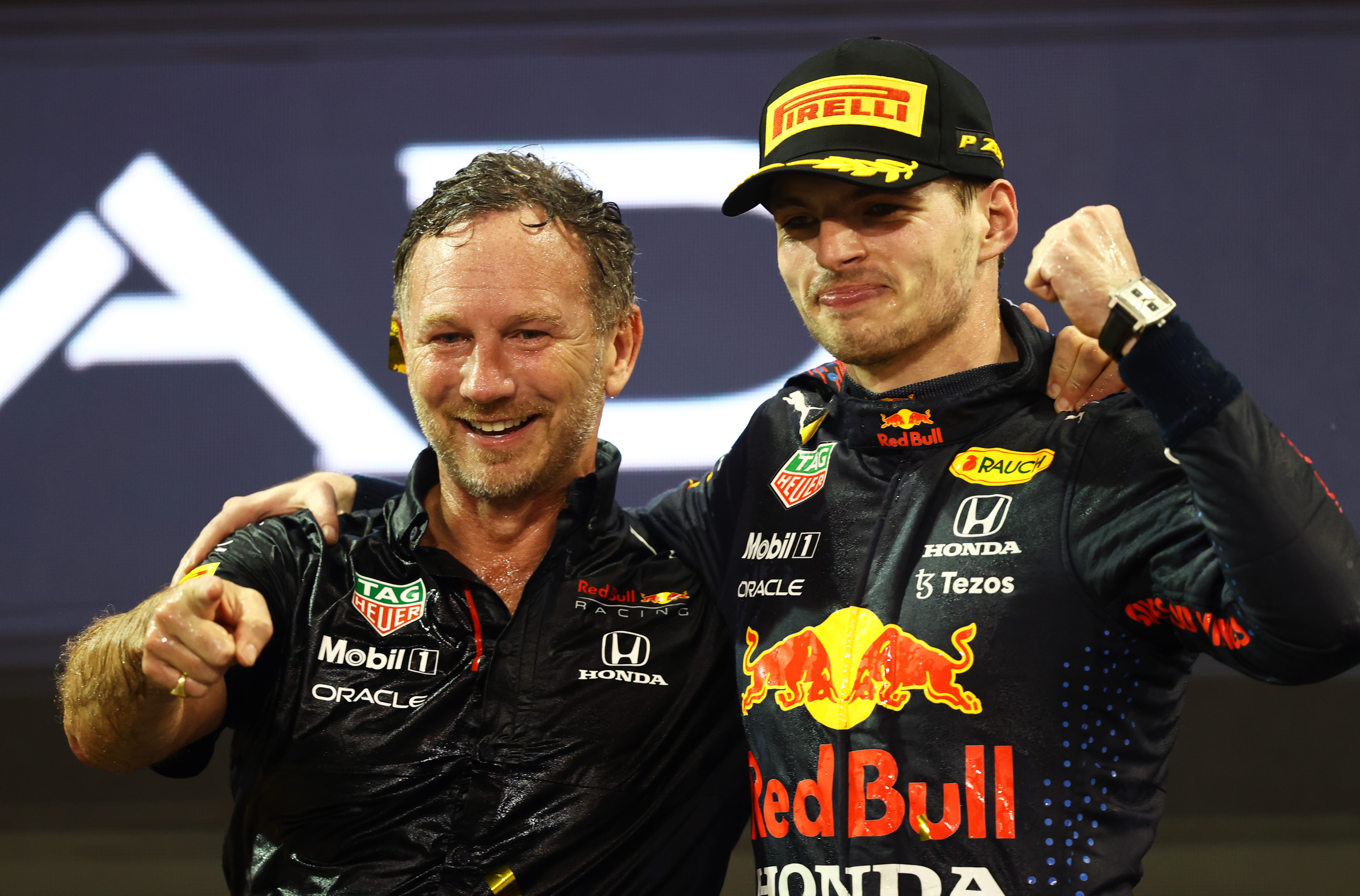 Max Verstappen and Christian Horner react.