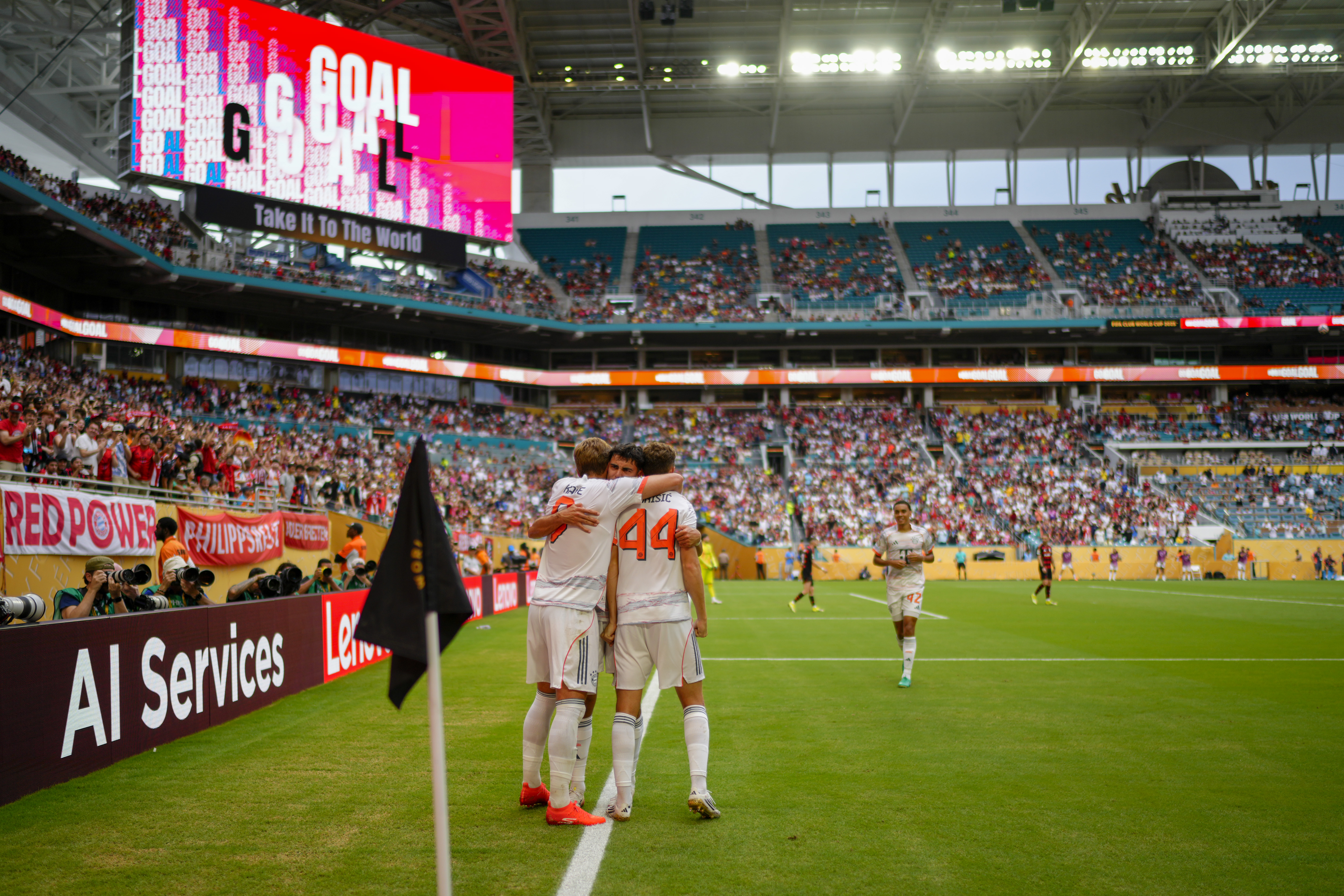 Harry Kane #9 of Bayern Munich celebrates a goal in the corner during a 2025 FIFA Club World Cup