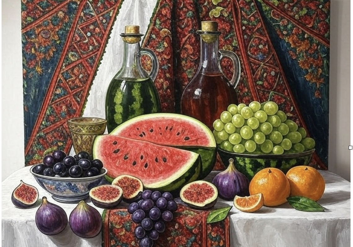 The author's Teams background - a still-life image including figs, olives, grapes, oranges, watermelon, and a few glass bottles - which was deemed "potentially anti-Semitic." [Courtesy of Ahmad Baker]