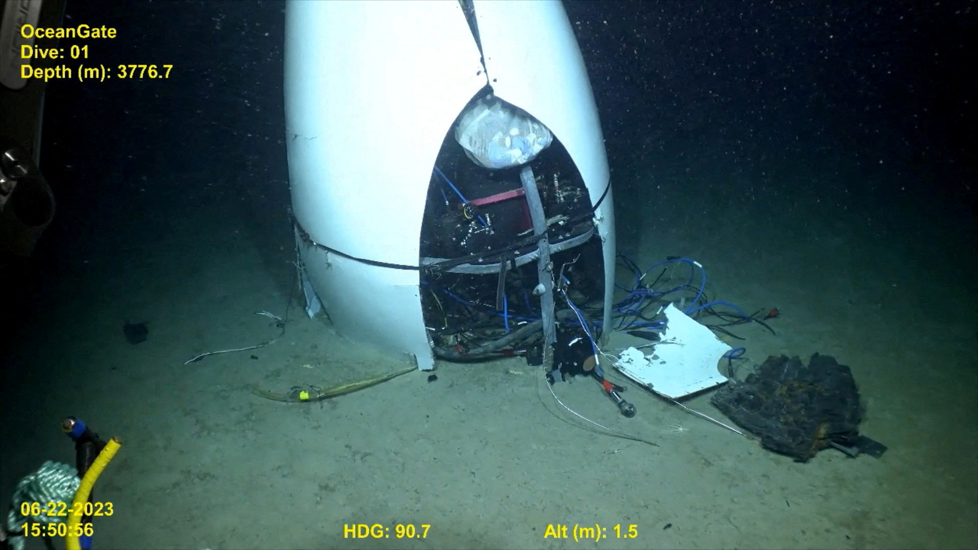 FILE PHOTO: Footage from a remotely operated vehicle shows, what the Coast Guard Marine Board of Investigation says is the debris of the Titan submersible that imploded while diving to the wreck of the Titanic, on the seafloor, September 17, 2024, in this still image from video. U.S. Coast Guard video courtesy of Pelagic Research Services/Handout via REUTERS THIS IMAGE HAS BEEN SUPPLIED BY A THIRD PARTY/File Photo