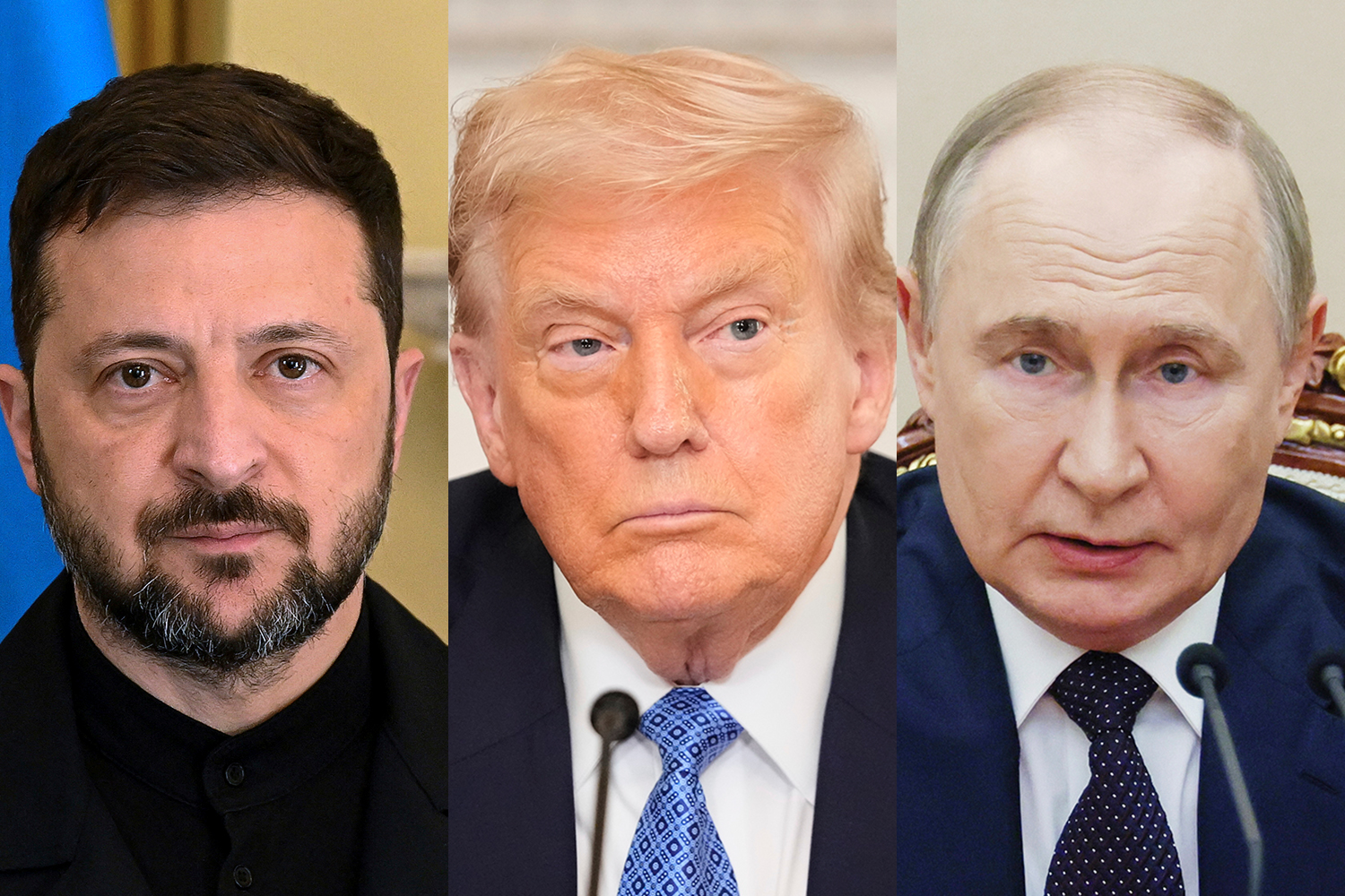 Ukrainian President Volodymyr Zelenskyy (left), US President Donald Trump and Russian President Vladimir Putin