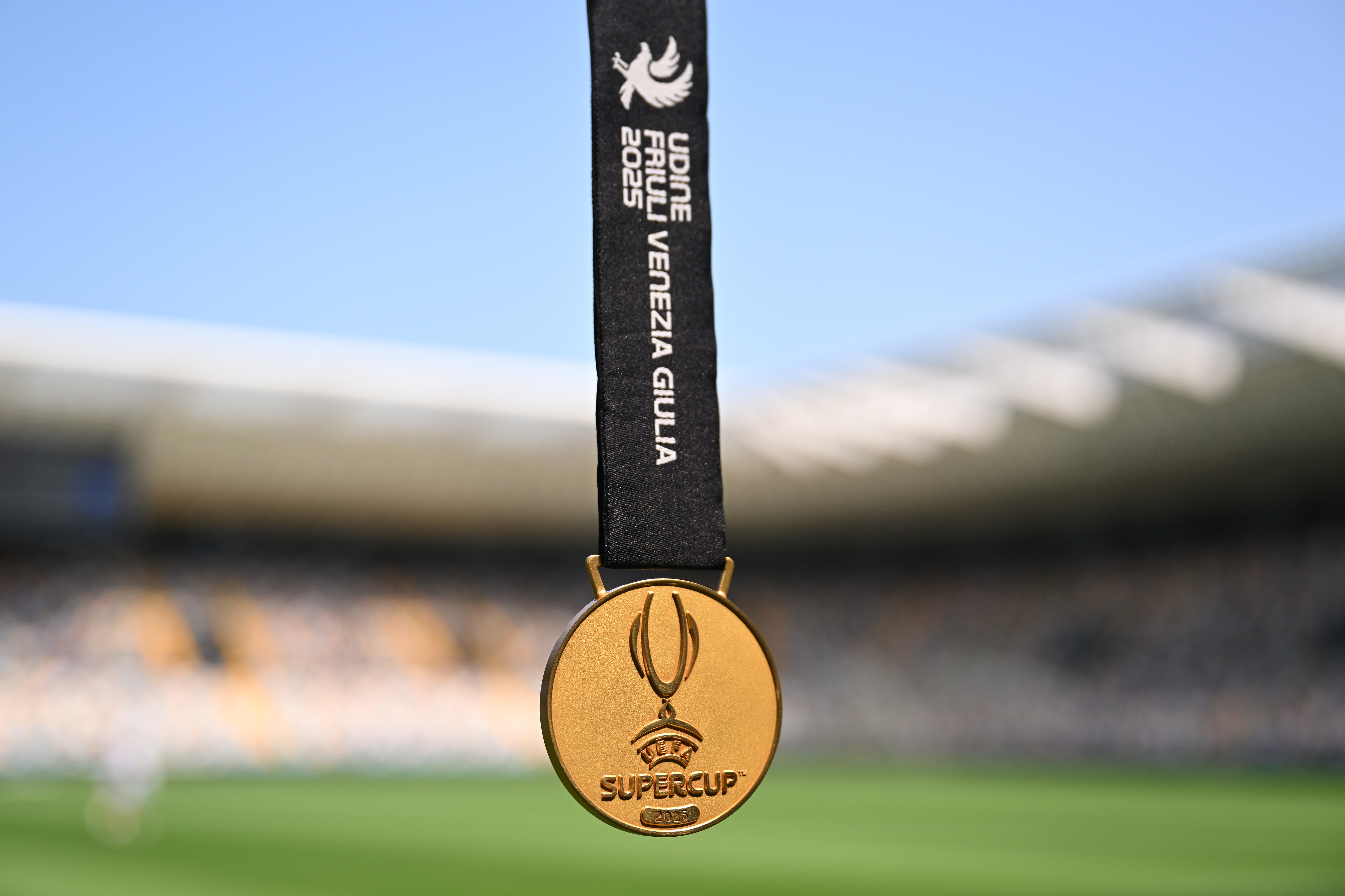 The Winners' Medal is seen prior to the UEFA Super Cup 2025 match between Paris Saint-Germain and Tottenham Hotspur at Stadio Friuli at Friuli Stadium