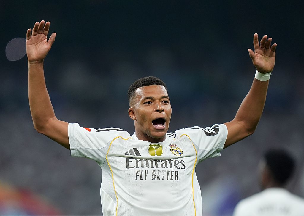 Kylian Mbappé of Real Madrid celebrates scoring his team's first goal the LaLiga