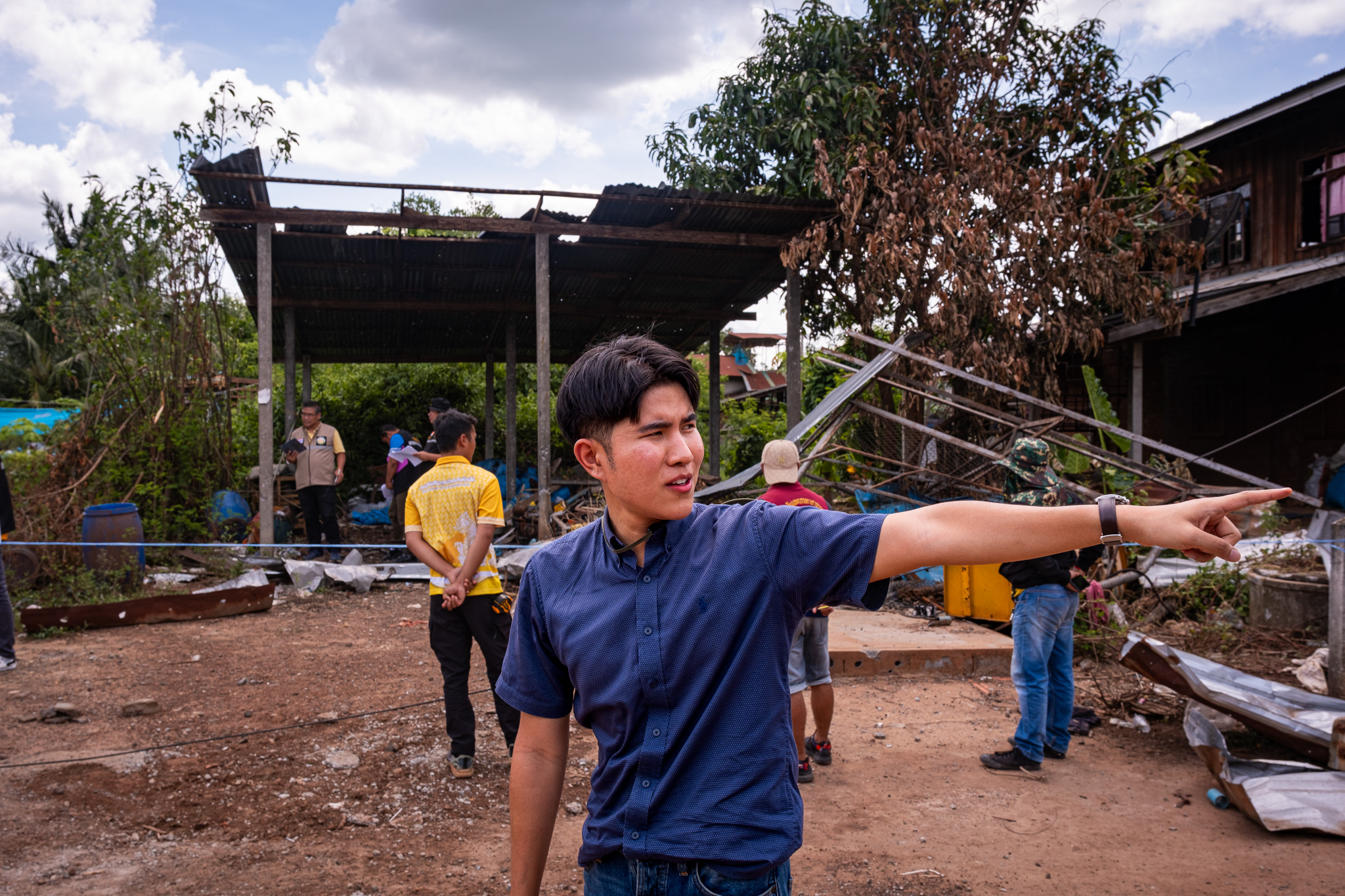 Thai MP Wasawat Puangpornsri and other government officials inspect civilian infrastructure damaged during the conflict in Nam Yuen district to appraise them for compensation on August 5, 2025.