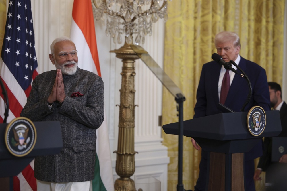 epa11894647 India Prime Minister Narendra Modi (L), and US President Donald Trump arrive for a news conference in the East Room of the White House in Washington, DC, USA, 13 February 2025. EPA/FRANCIS CHUNG / POOL