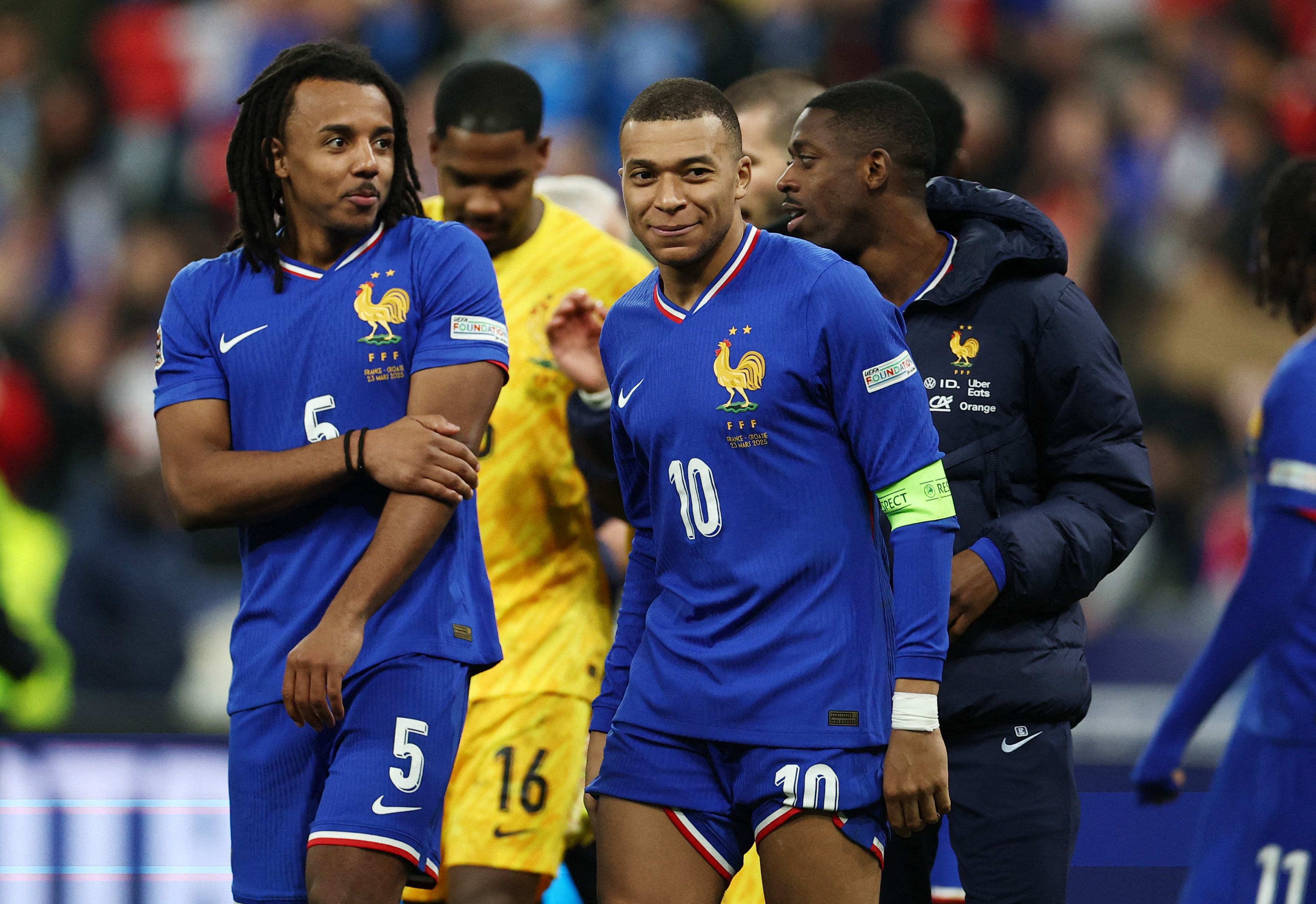 France's Kylian Mbappe and Jules Kounde