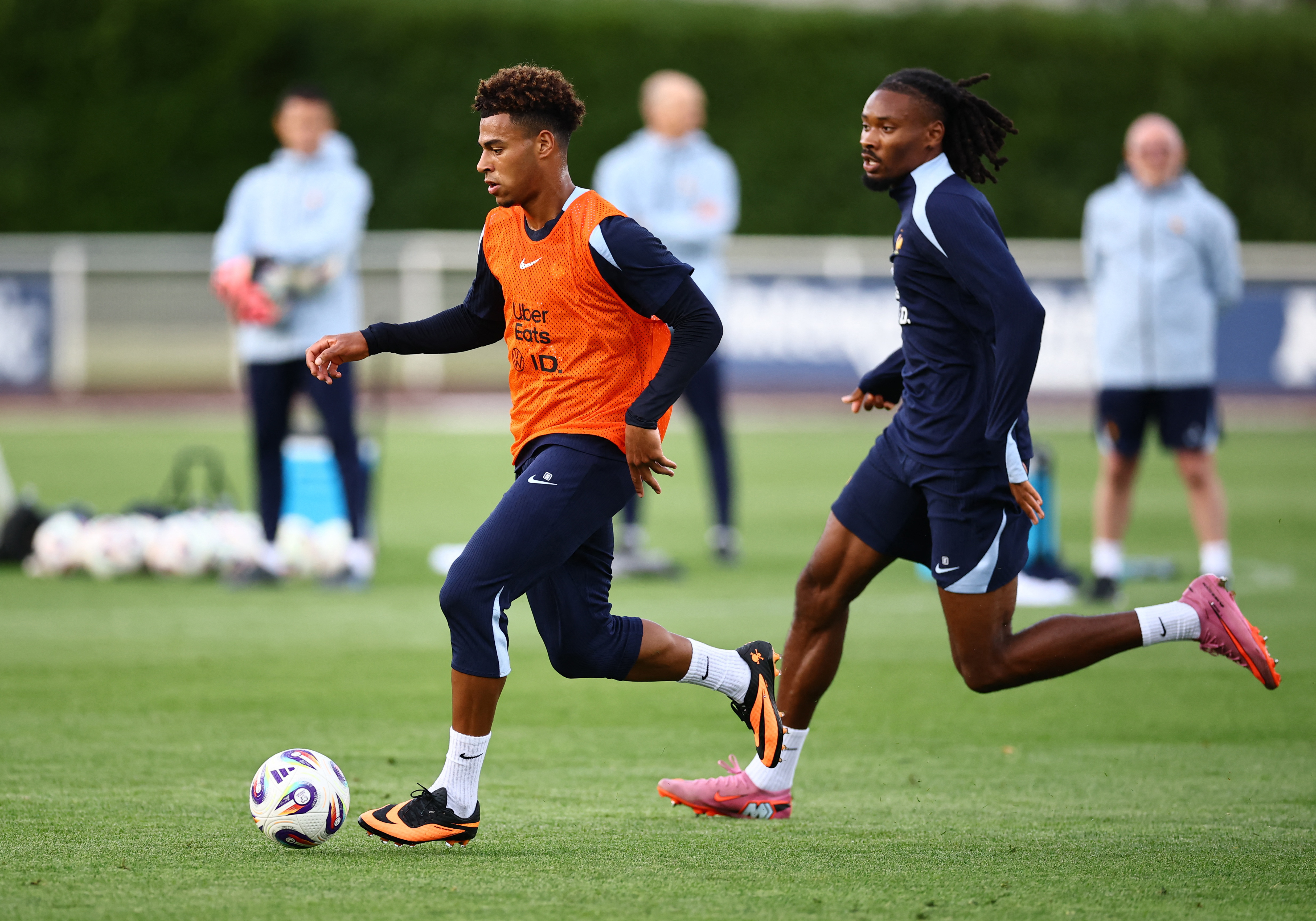 France's Desire Doue and Khephren Thuram during training ahead of the Ukraine World Cup qualifier
