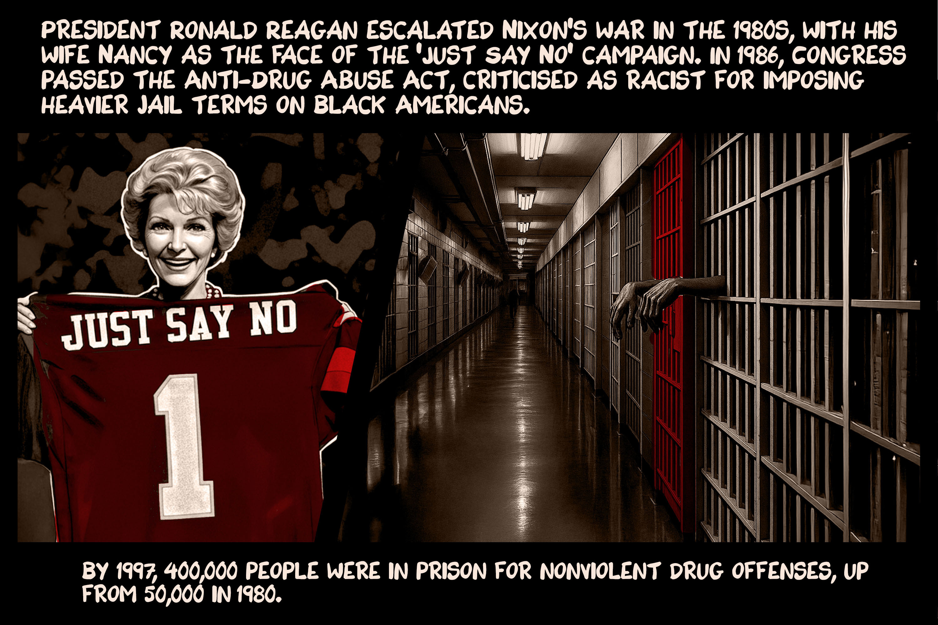 President Ronald Reagan escalated Nixon’s war in the 1980s, with his wife Nancy as the face of the ‘Just Say No’ campaign. In 1986, Congress passed the Anti-Drug Abuse Act, criticised as racist for imposing heavier jail terms on Black Americans. By 1997, 400,000 people were in prison for nonviolent drug offenses, up from 50,000 in 1980.
