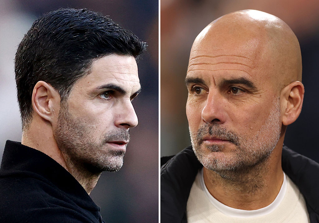 Arsenal manager Mikel Arteta, left, was an assistant to Pep Guardiola, right, at Manchester City.