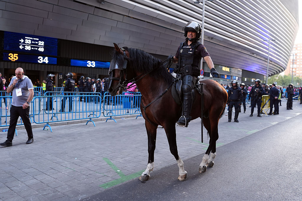 A member of police is seen on a horse outside Real Madrid's stadium prior to the UEFA Champions League 2025/26 League Phase MD1 match