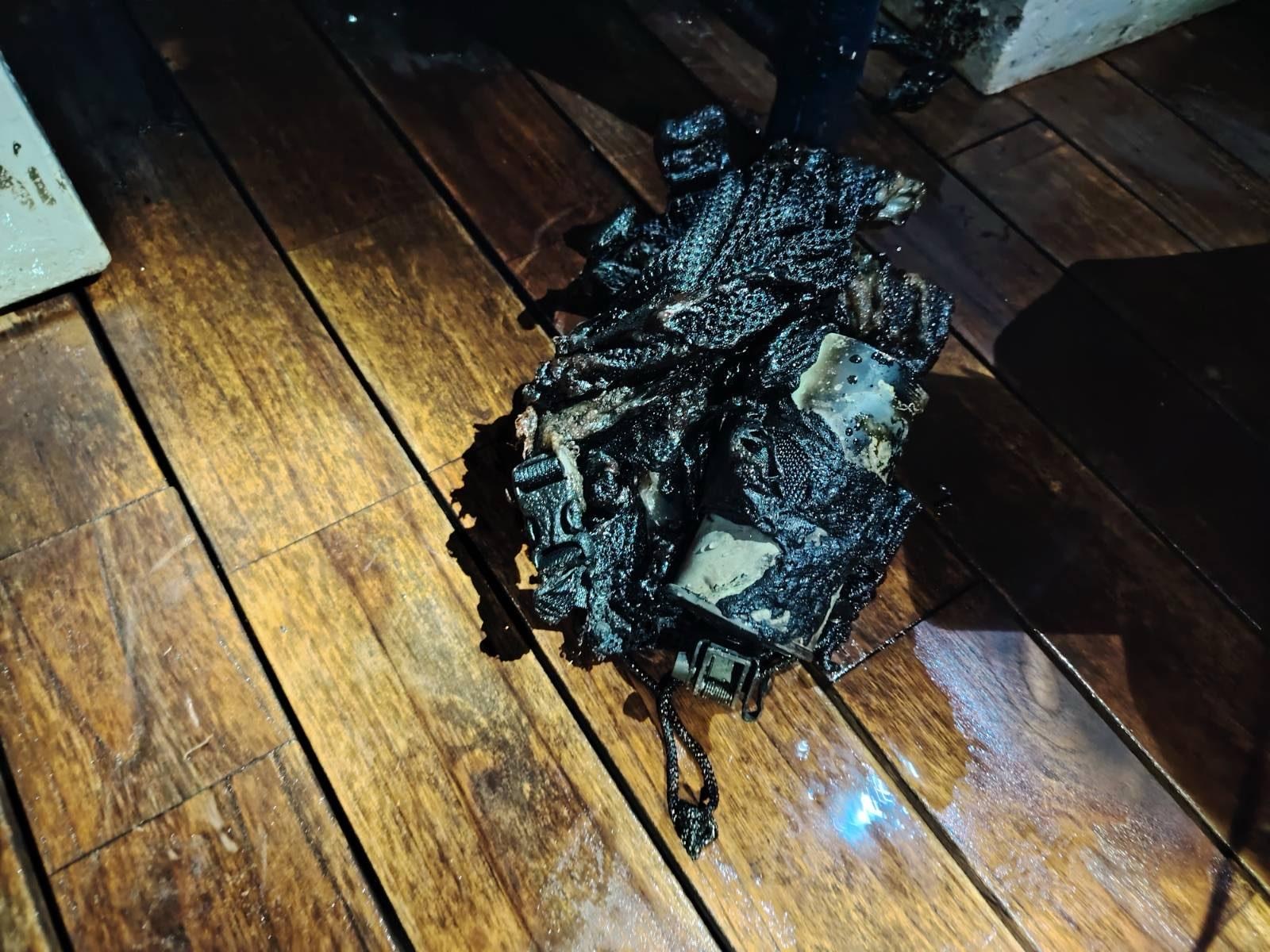 Charred remnants of a projectile