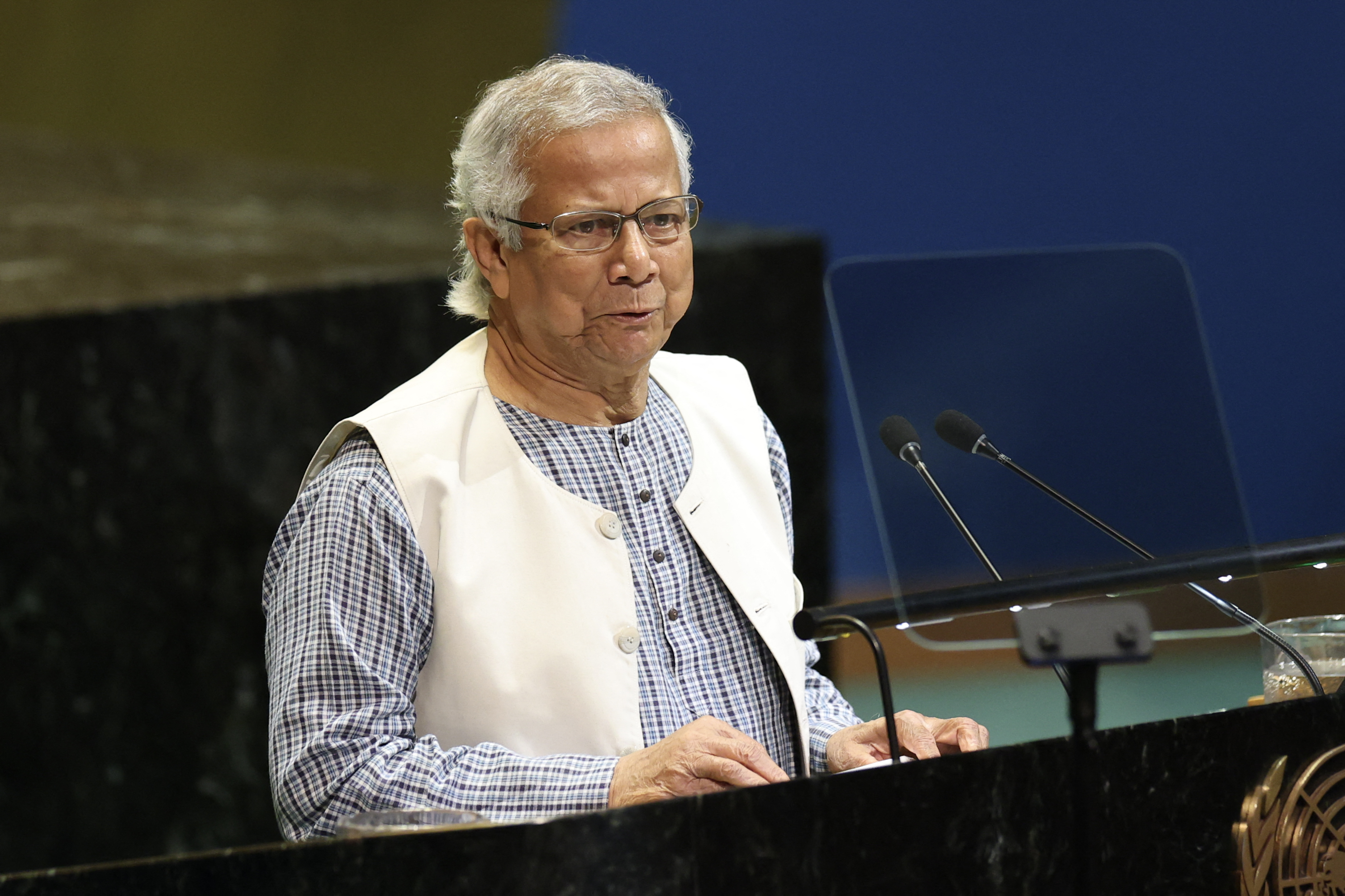 Bangladesh's interim government, Muhammad Yunus addresses the United Nations General Assembly at UN headquarters in New York City on September 26, 2025.