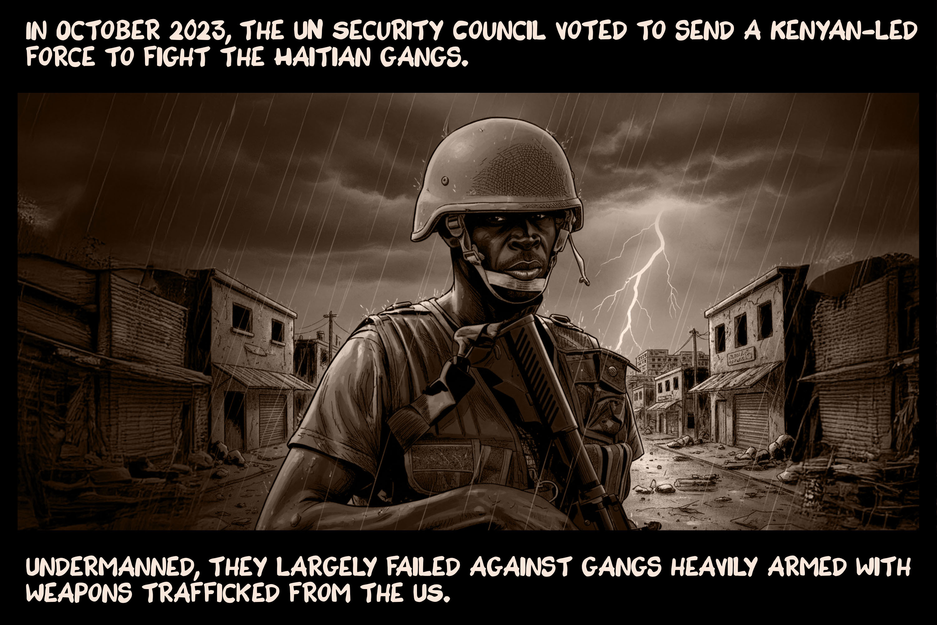 In October 2023, the UN Security Council voted to send a Kenyan-led force to fight the Haitian gangs. Undermanned, they largely failed against gangs heavily armed with weapons trafficked from the US.