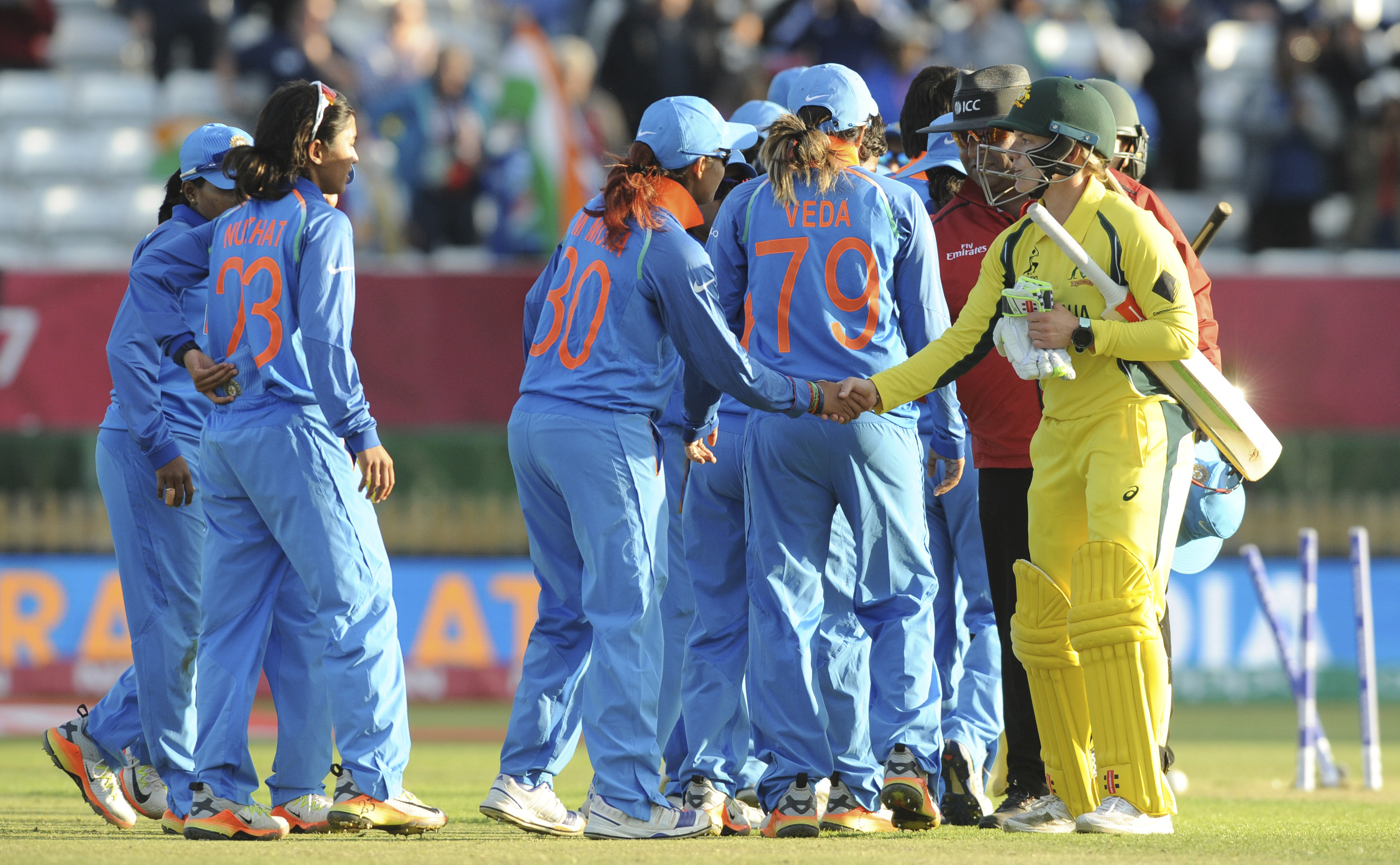 Australia's Alex Blackwell, right, shakes hands with India players during the ICC Women's World Cup 2017 semifinal match between Australia and India at County Ground in Derby, England, Thursday, July 20, 2017. (AP Photo/Rui Vieira)