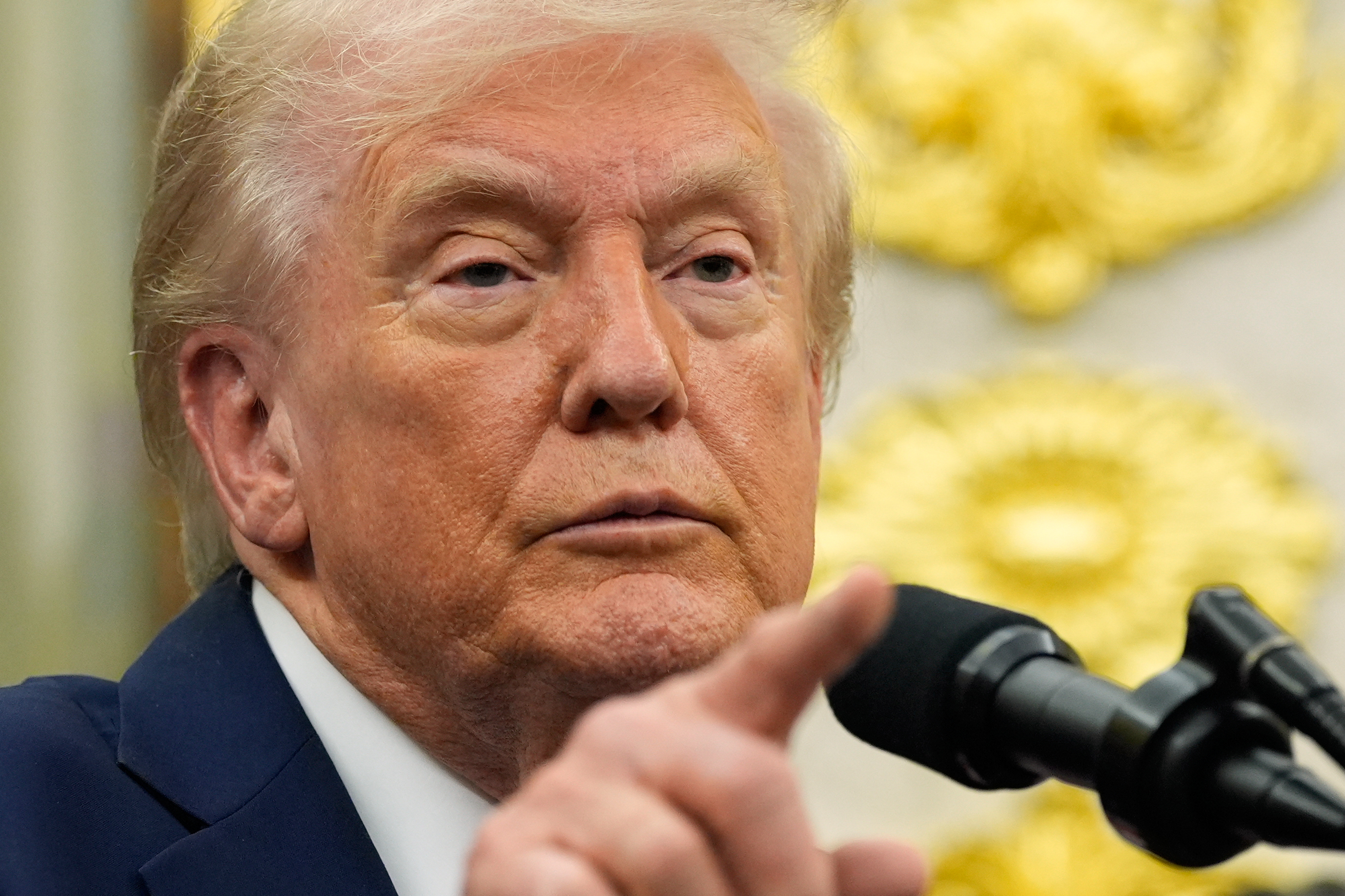 Donald Trump points at the microphone