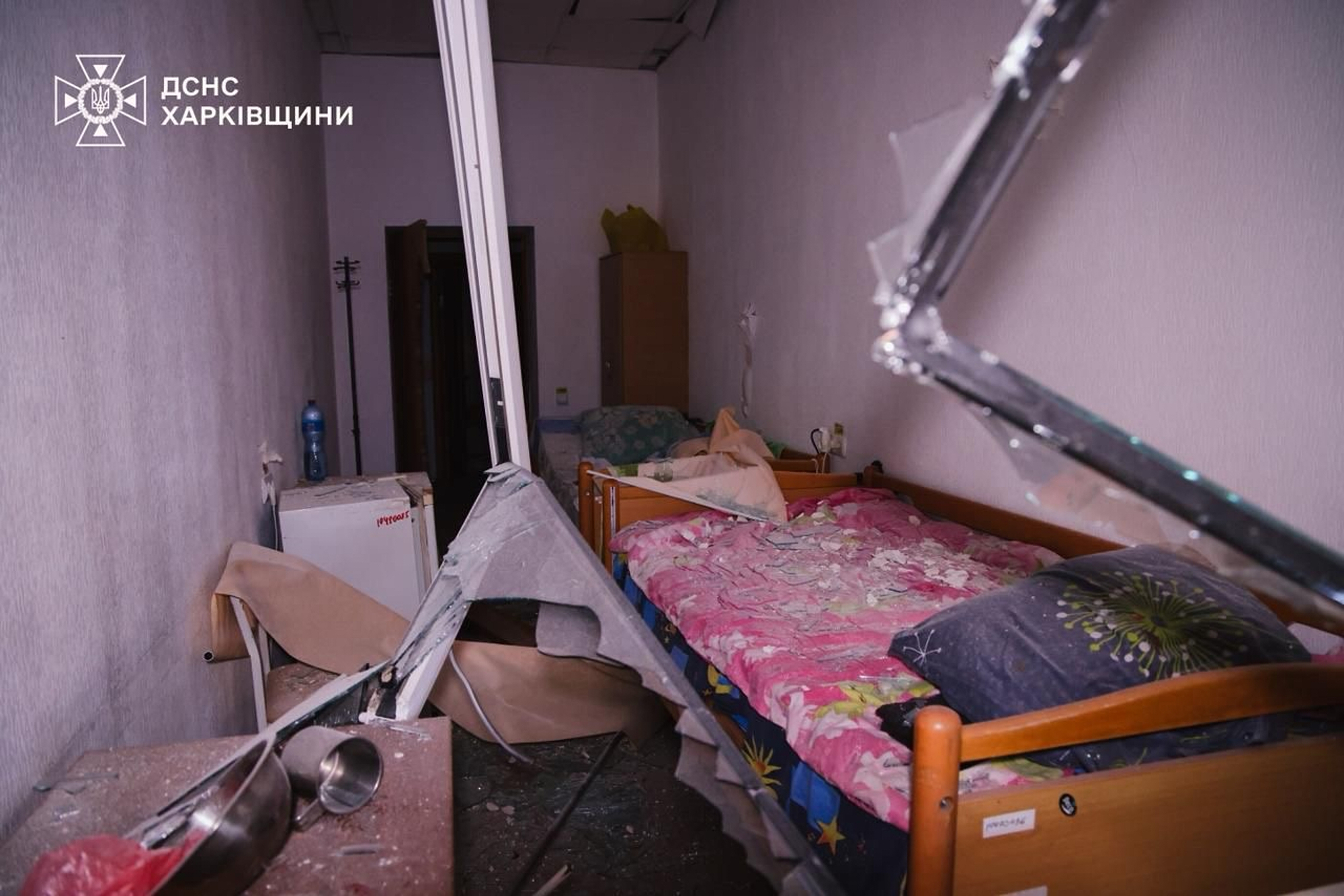 In this photo provided by the Ukrainian Emergency Services on Tuesday, Oct. 14, 2025, a room of a hospital is seen damaged by a Russian strike in Kharkiv, Ukraine