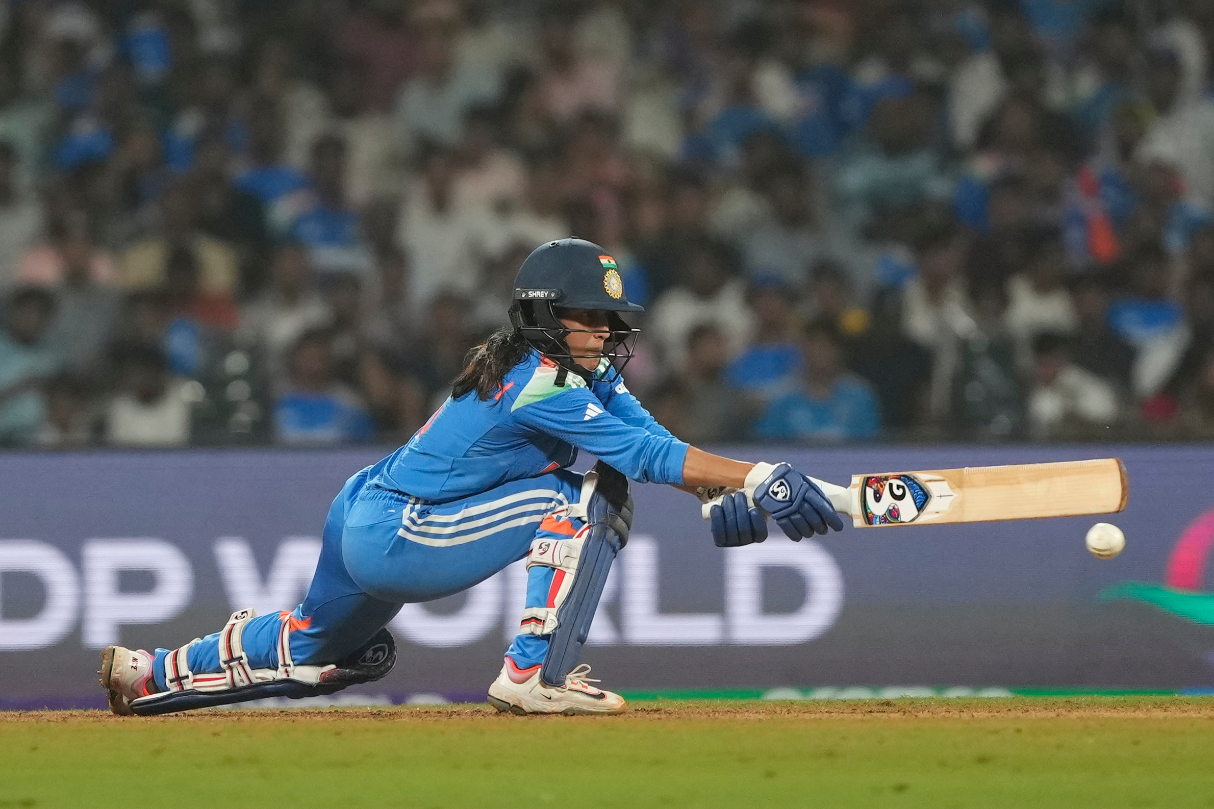 India's Jemimah Rodrigues plays a shot during the ICC Women's Cricket World Cup cricket semi final match between India and Australia at DY Patil Stadium in Navi Mumbai, India, Thursday, Oct. 30, 2025. (AP Photo/Rajanish Kakade)