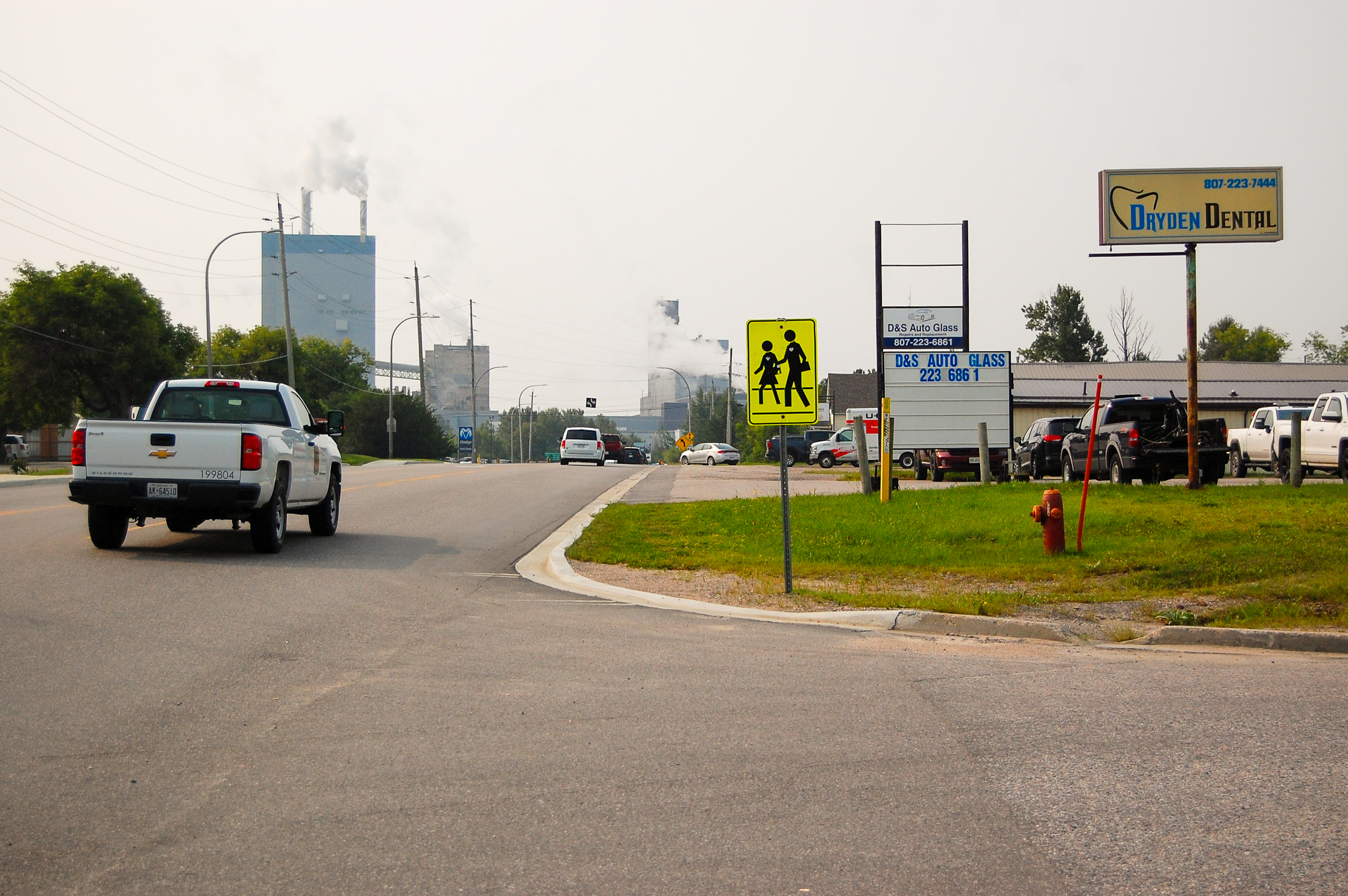 A view of the Dryden mill from the main road into town