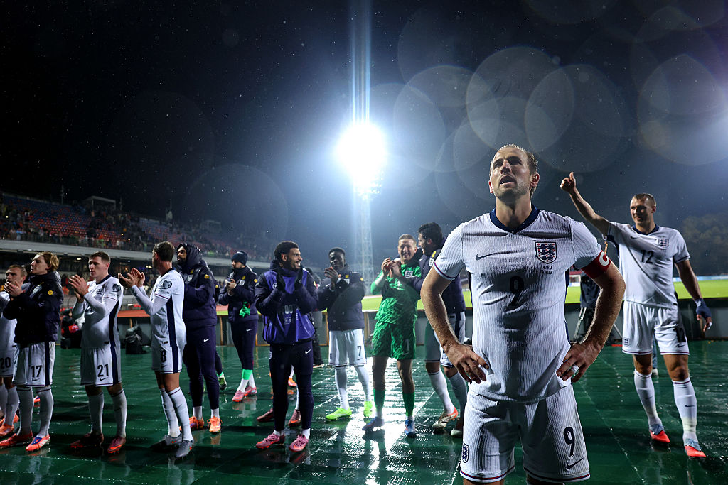 Harry Kane of England looks towards the fans after the team's victory in the FIFA World Cup 2026 qualifier match between Latvia and England at Daugava Stadium