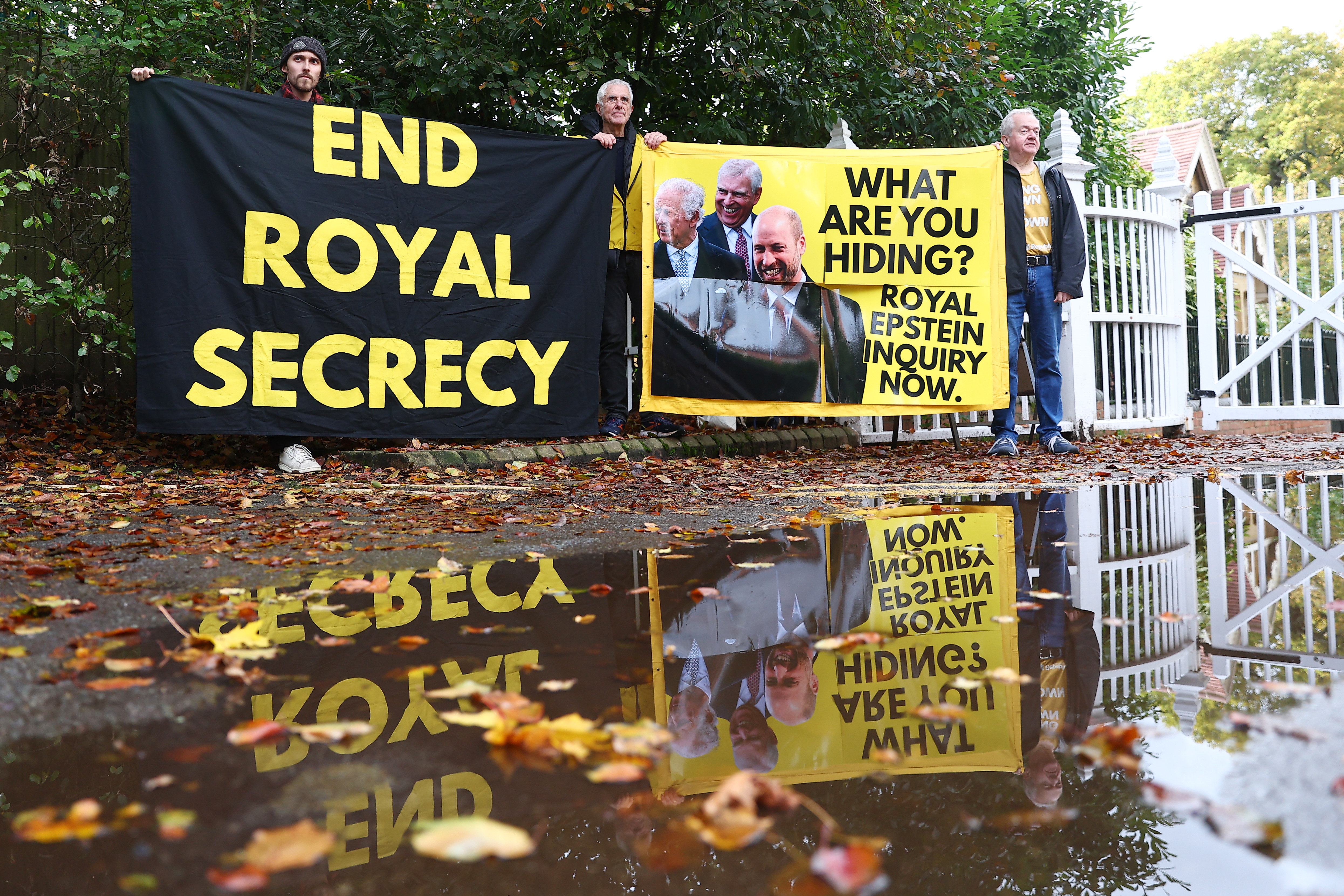 Activists from the anti-monarchy group Republic stage a protest at the entrance to Windsor Great Park and Royal Lodge, where Prince Andrew lives, on October 21, 2025, in Windsor, England