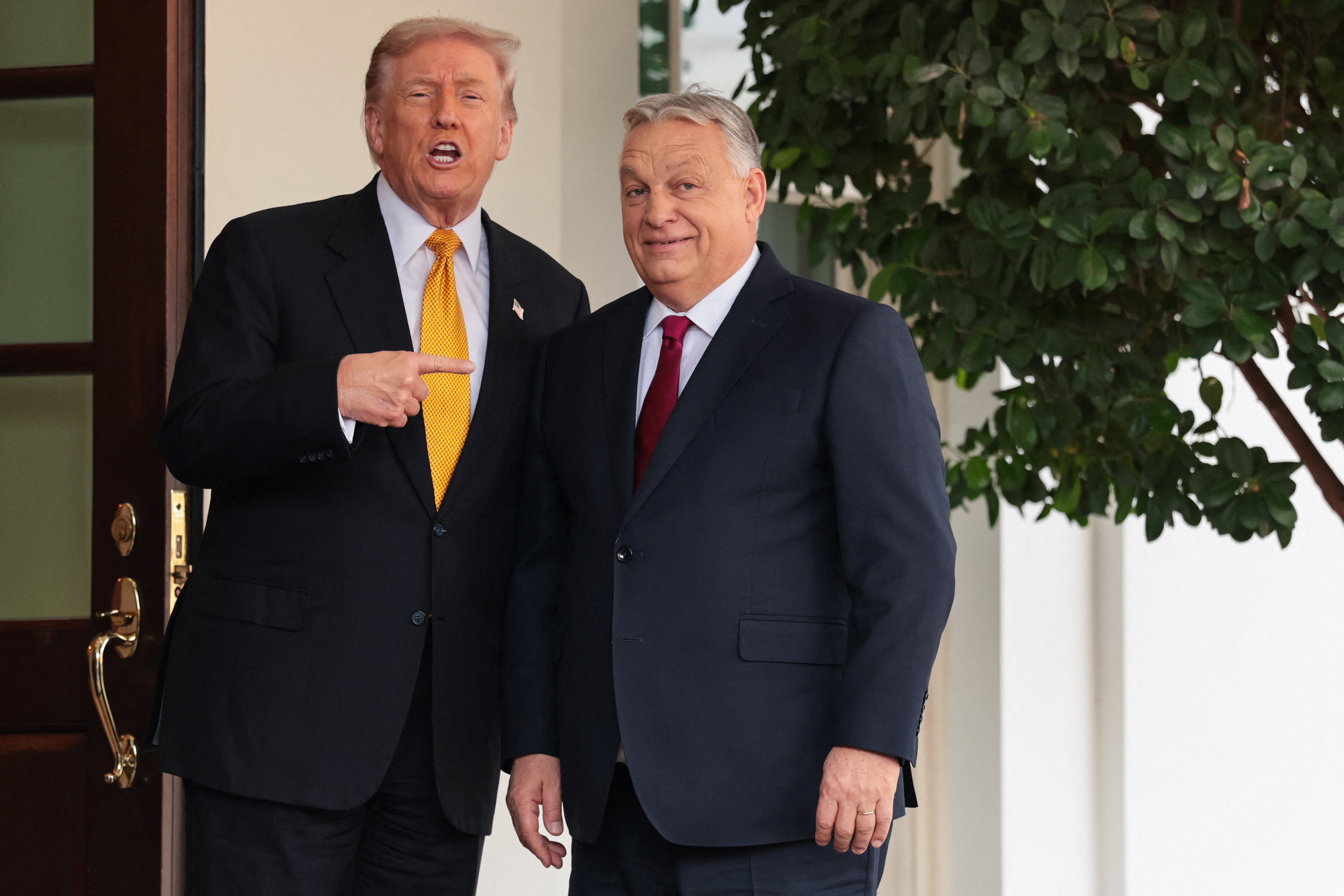 U.S. President Donald Trump greets Hungary's Prime Minister Viktor Orban at the White House in Washington, D.C., U.S., November 7, 2025. REUTERS/Jonathan Ernst