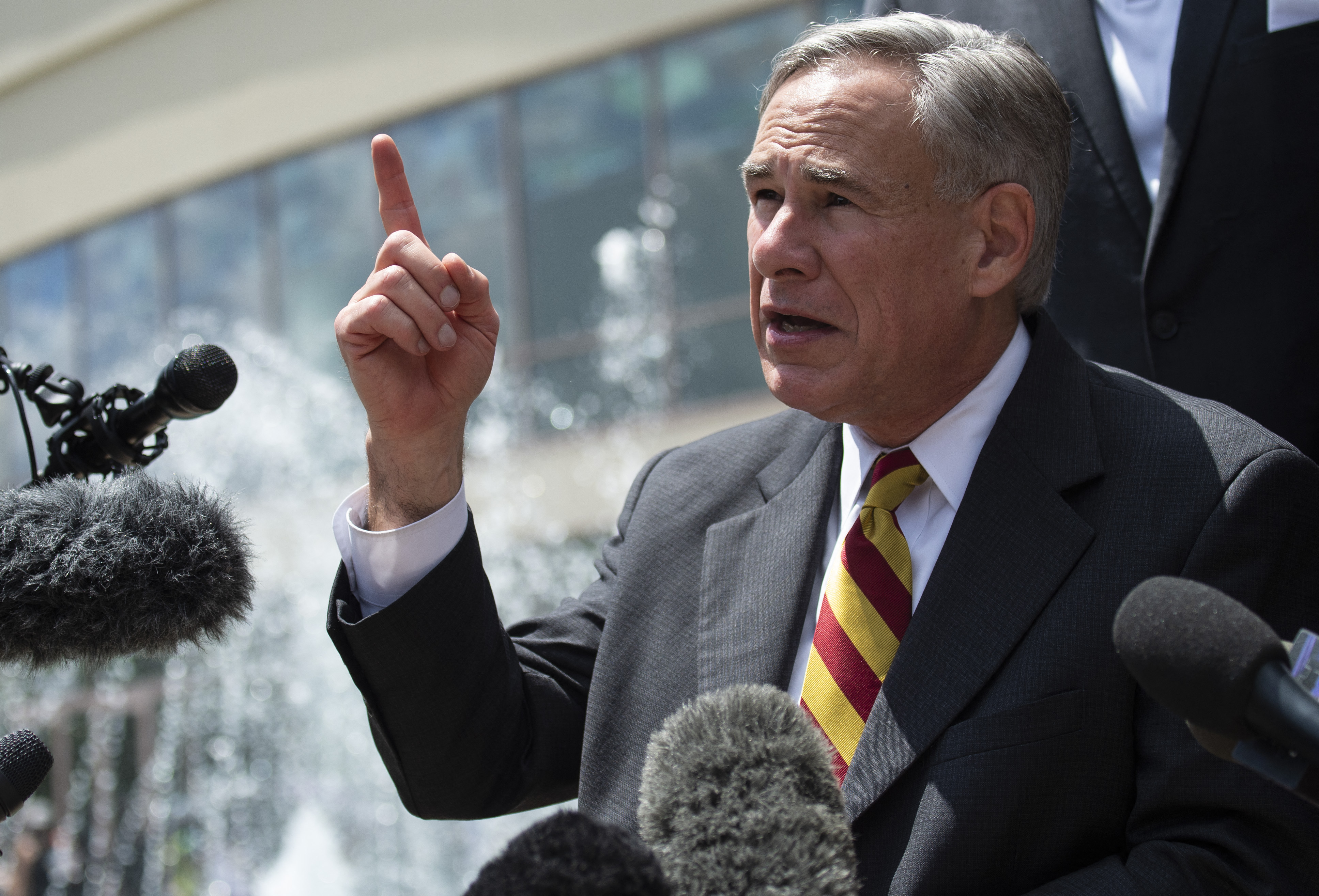 Texas Governor Gregg Abbott speaks to the press after attending the public viewing for George Floyd at the Fountain of Praise church in Houston, Texas on June 8, 2020. Democrats vowed June 7, 2020 to press legislation to fight systemic racism in US law enforcement as the battle for change triggered by the police killing of George Floyd began shifting from the streets to the political sphere.Demonstrations continued across the nation Sunday -- including in Washington, New York and Winter Park, Florida -- as protesters began focusing their initial outrage over the death of the unarmed Floyd into demands for police reform and social justice. (Photo by Andrew CABALLERO-REYNOLDS / AFP)