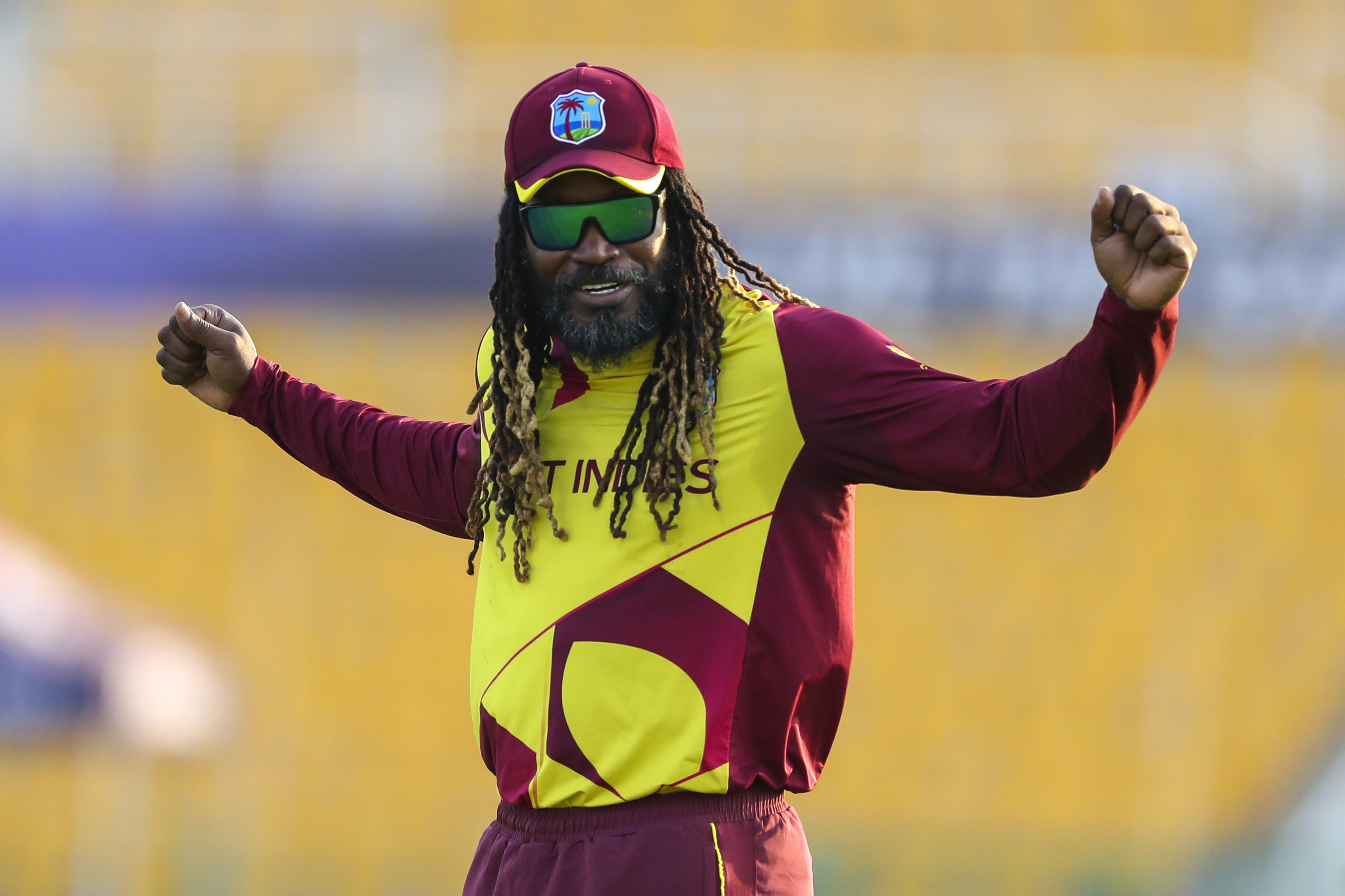 West Indies' Chris Gayle gestures during the Cricket Twenty20 World Cup match between Australia and the West Indies in Abu Dhabi, UAE, Saturday, Nov. 6, 2021. (AP Photo/Kamran Jebreili)