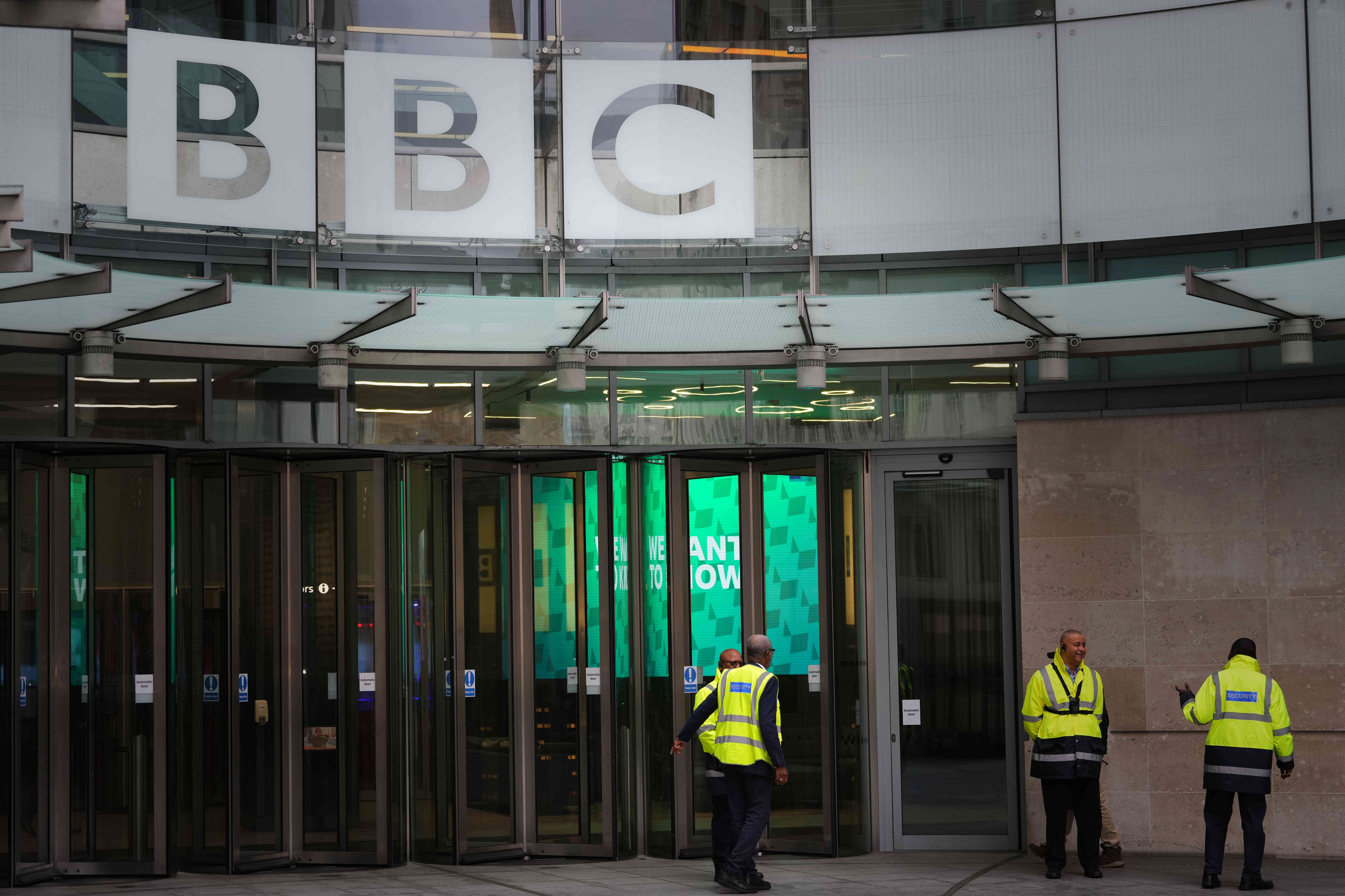 Security guards outside BBC Broadcasting House in London