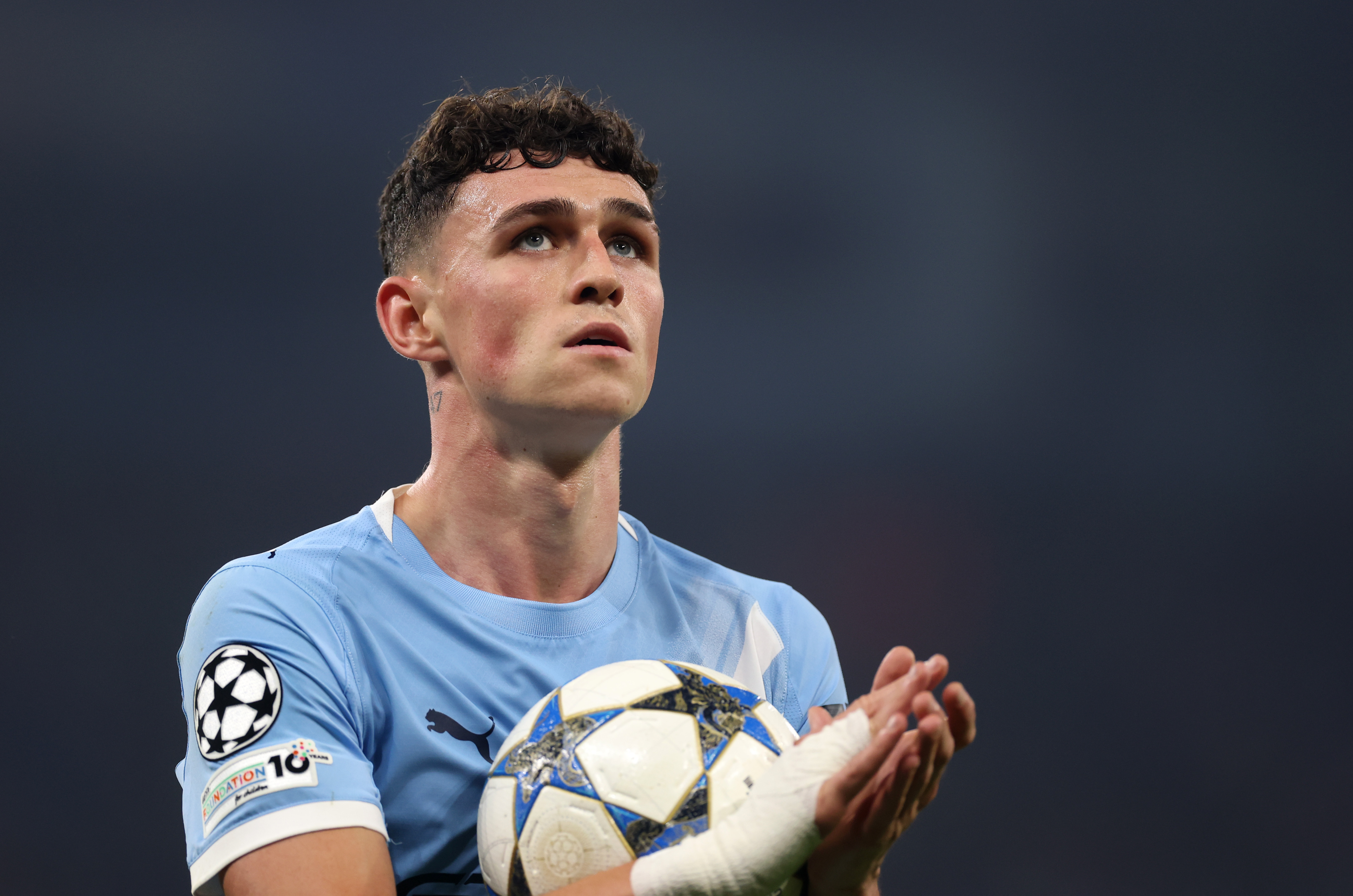 MANCHESTER, ENGLAND - NOVEMBER 05: Phil Foden of Manchester City looks on during the UEFA Champions League 2025/26 League Phase MD4 match between Manchester City and Borussia Dortmund at City of Manchester Stadium on November 05, 2025 in Manchester, England. (Photo by Carl Recine/Getty Images)