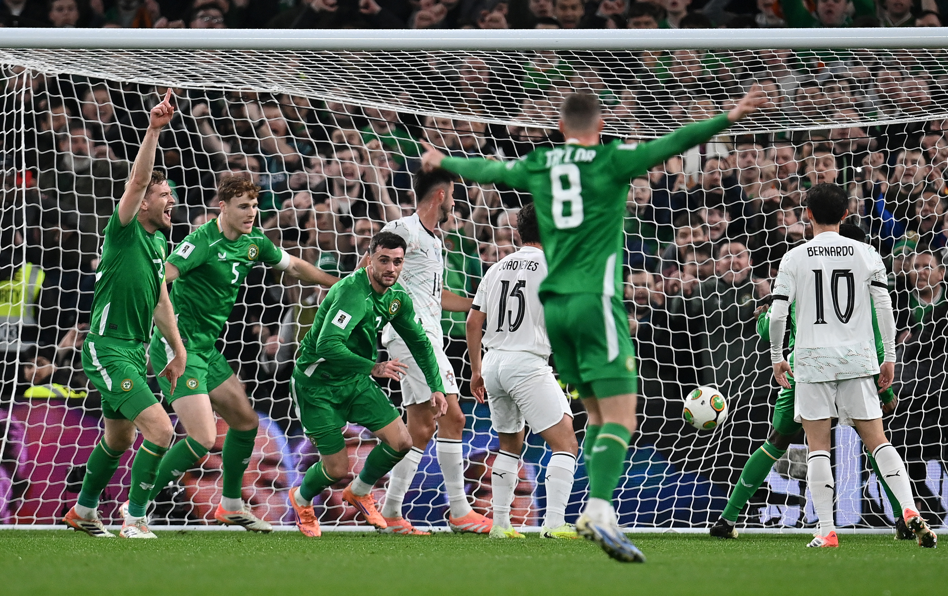 DUBLIN, IRELAND - NOVEMBER 13: Troy Parrott of Republic of Ireland celebrates scoring his team's first goal during the FIFA World Cup 2026 qualifier match between Republic of Ireland and Portugal at Aviva Stadium on November 13, 2025 in Dublin, Ireland. (Photo by Charles McQuillan/Getty Images)