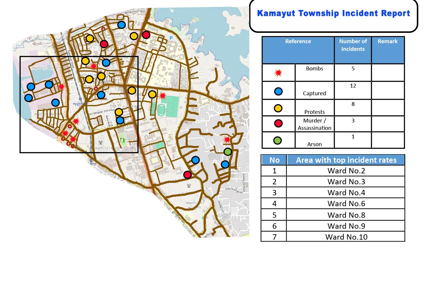 These maps detail urban guerrilla activity in Yangon including incidents of arson, bombs and assassinations.