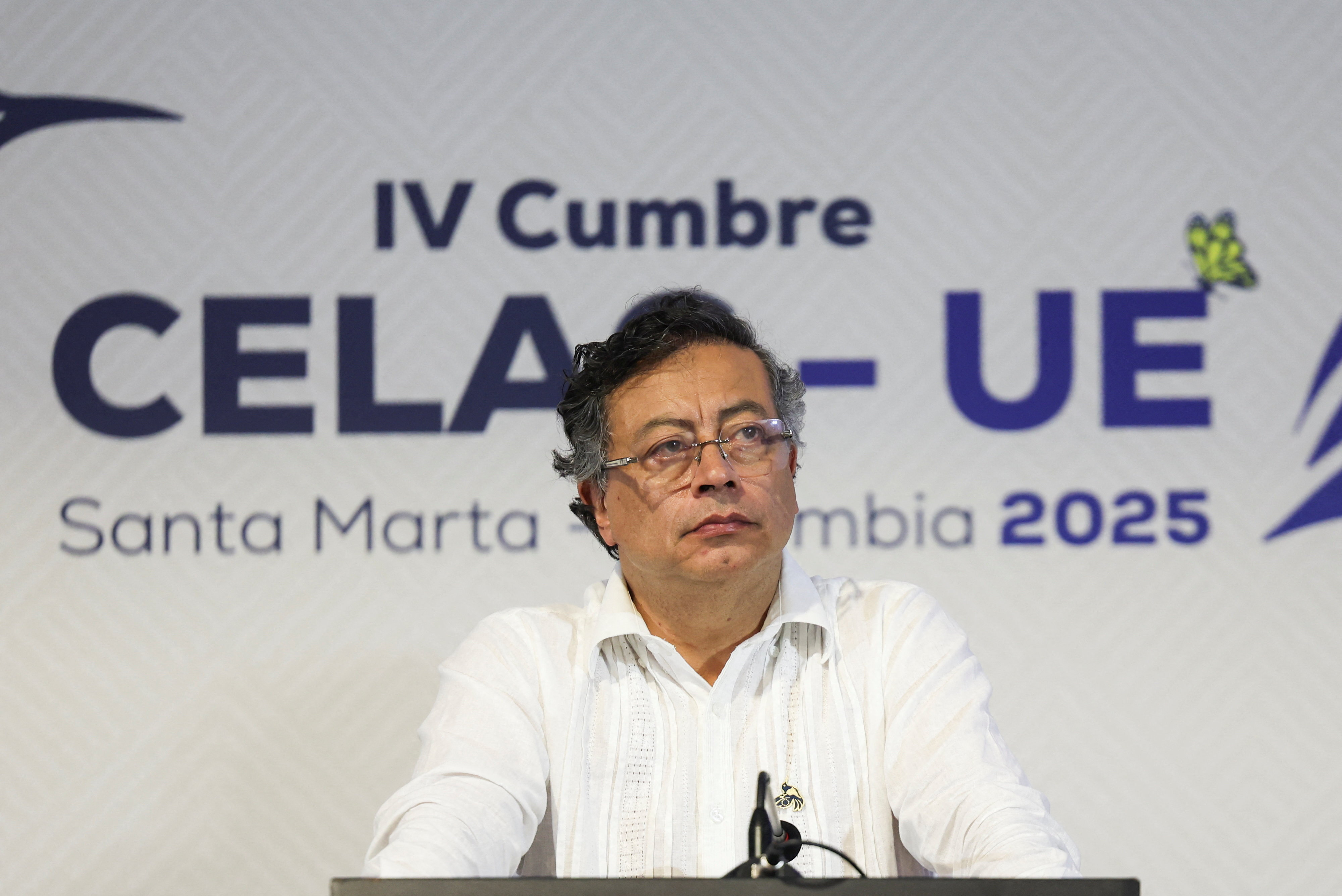 Colombian President Gustavo Petro looks on as he attends a press conference on the day of the EU-CELAC summit, which brings together leaders from Latin American, Caribbean nations and EU member states to discuss trade and investment, in Santa Marta, Colombia, November 9, 2025. REUTERS/Luisa Gonzalez