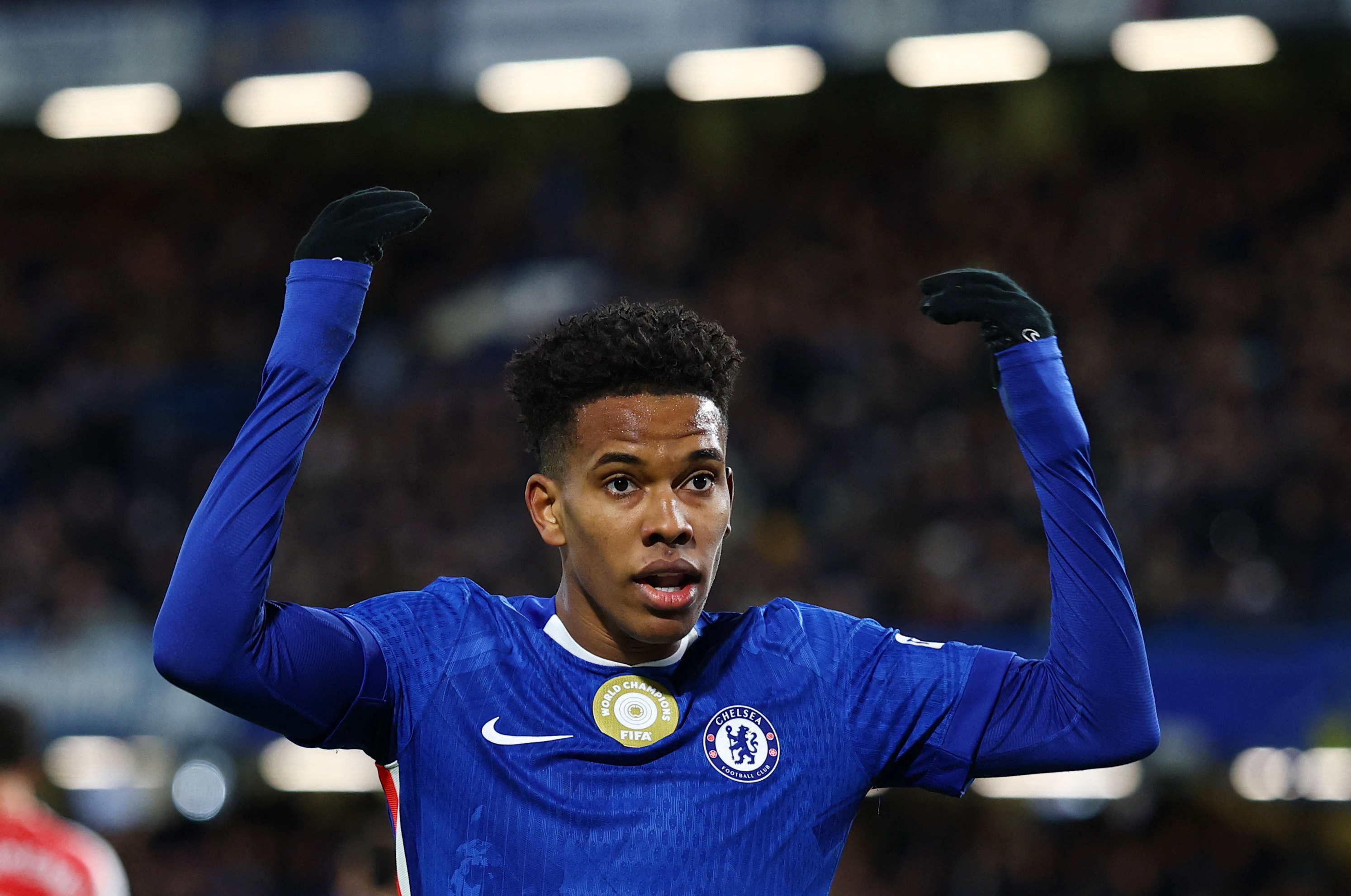 Soccer Football - Premier League - Chelsea v Arsenal - Stamford Bridge, London, Britain - November 30, 2025 Chelsea's Estevao reacts Action Images via Reuters/Matthew Childs EDITORIAL USE ONLY. NO USE WITH UNAUTHORIZED AUDIO, VIDEO, DATA, FIXTURE LISTS, CLUB/LEAGUE LOGOS OR 'LIVE' SERVICES. ONLINE IN-MATCH USE LIMITED TO 120 IMAGES, NO VIDEO EMULATION. NO USE IN BETTING, GAMES OR SINGLE CLUB/LEAGUE/PLAYER PUBLICATIONS. PLEASE CONTACT YOUR ACCOUNT REPRESENTATIVE FOR FURTHER DETAILS..