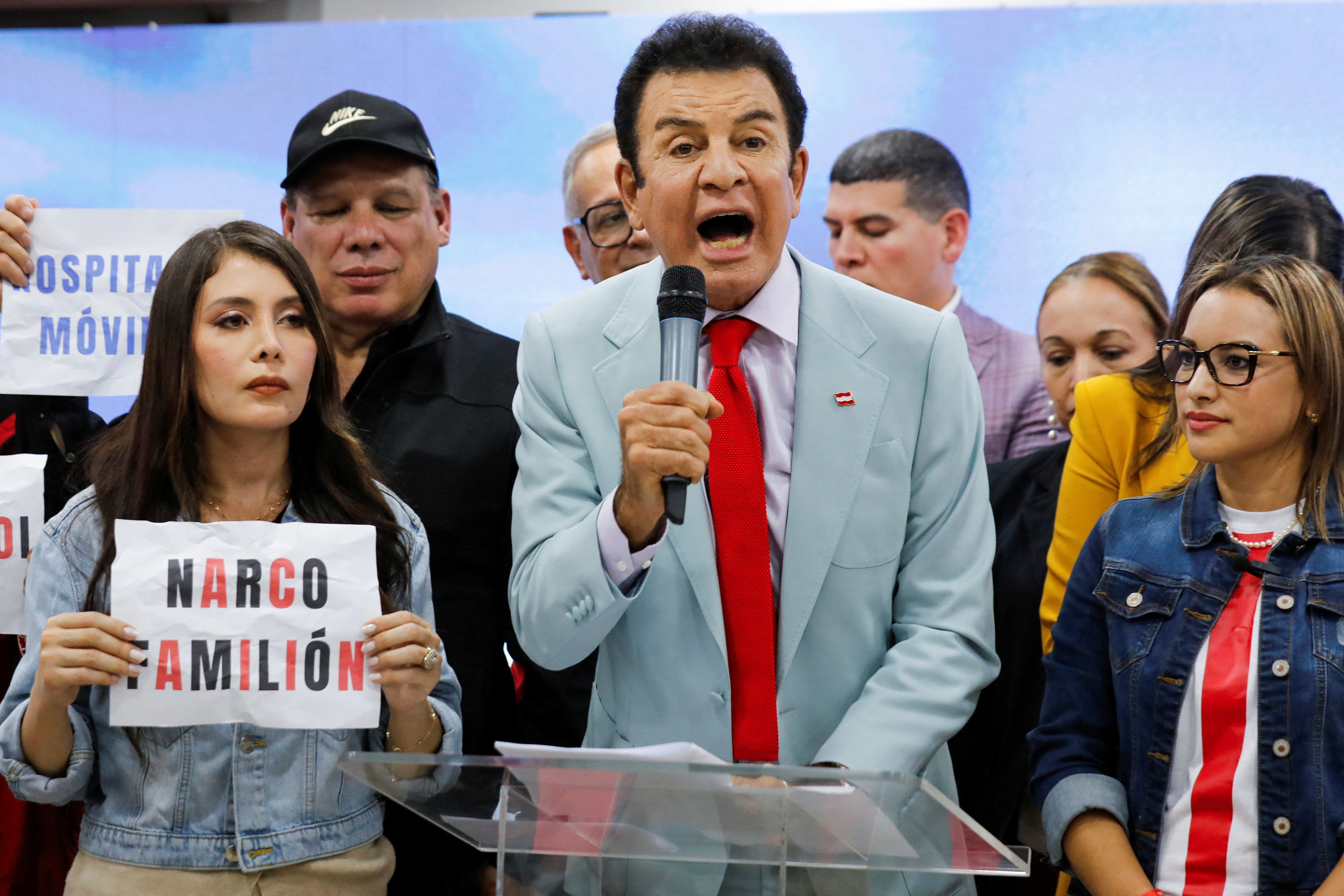 Presidential candidate Salvador Nasralla of Honduras' Liberal Party speaks during a press conference ahead of the general election in Tegucigalpa, Honduras