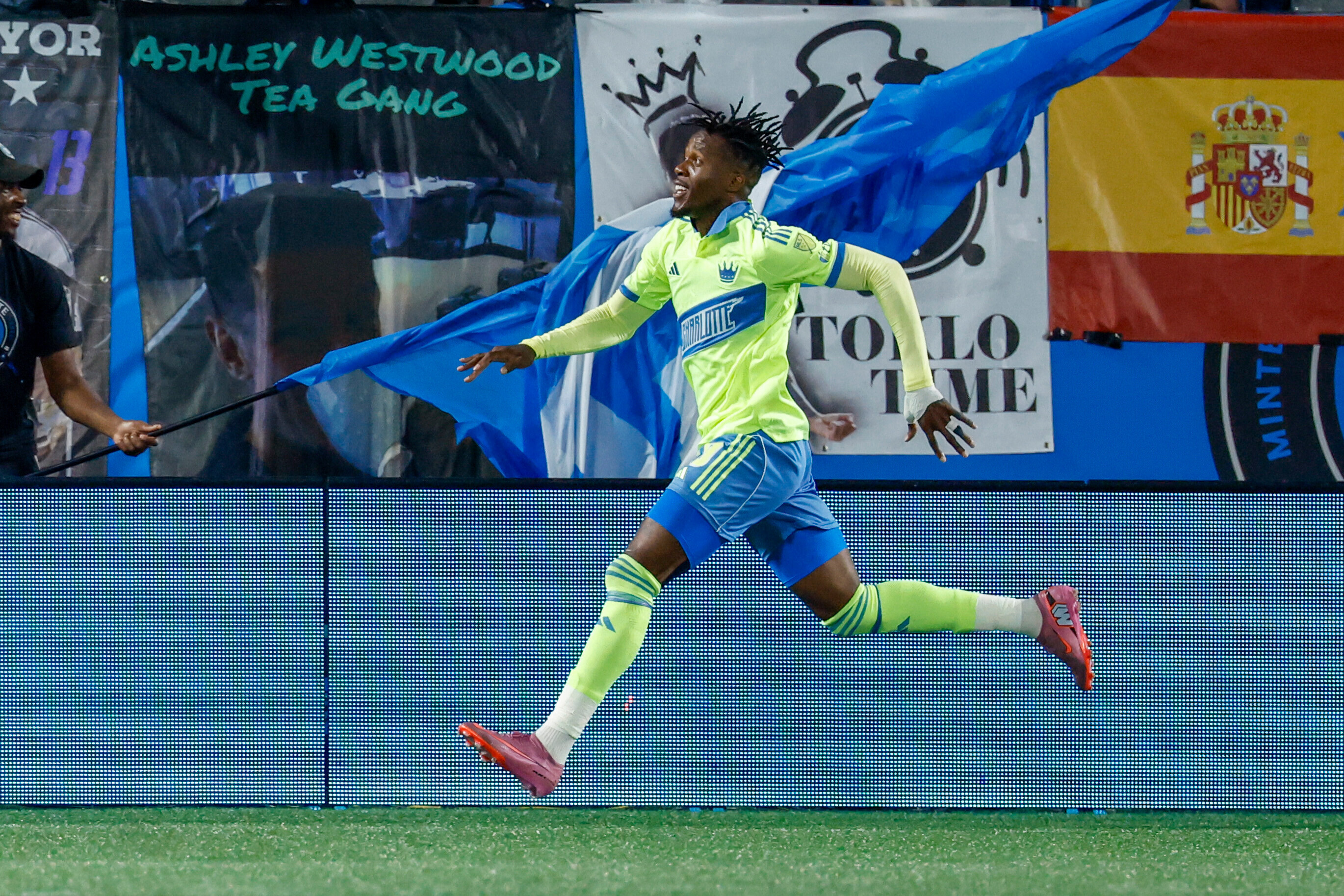 Charlotte FC forward Wilfried Zaha (10) celebrates after scoring a goal against CF Montreal during the first half of an MLS soccer match in Charlotte, N.C., Saturday, Sept. 27, 2025. (AP Photo/Nell Redmond)