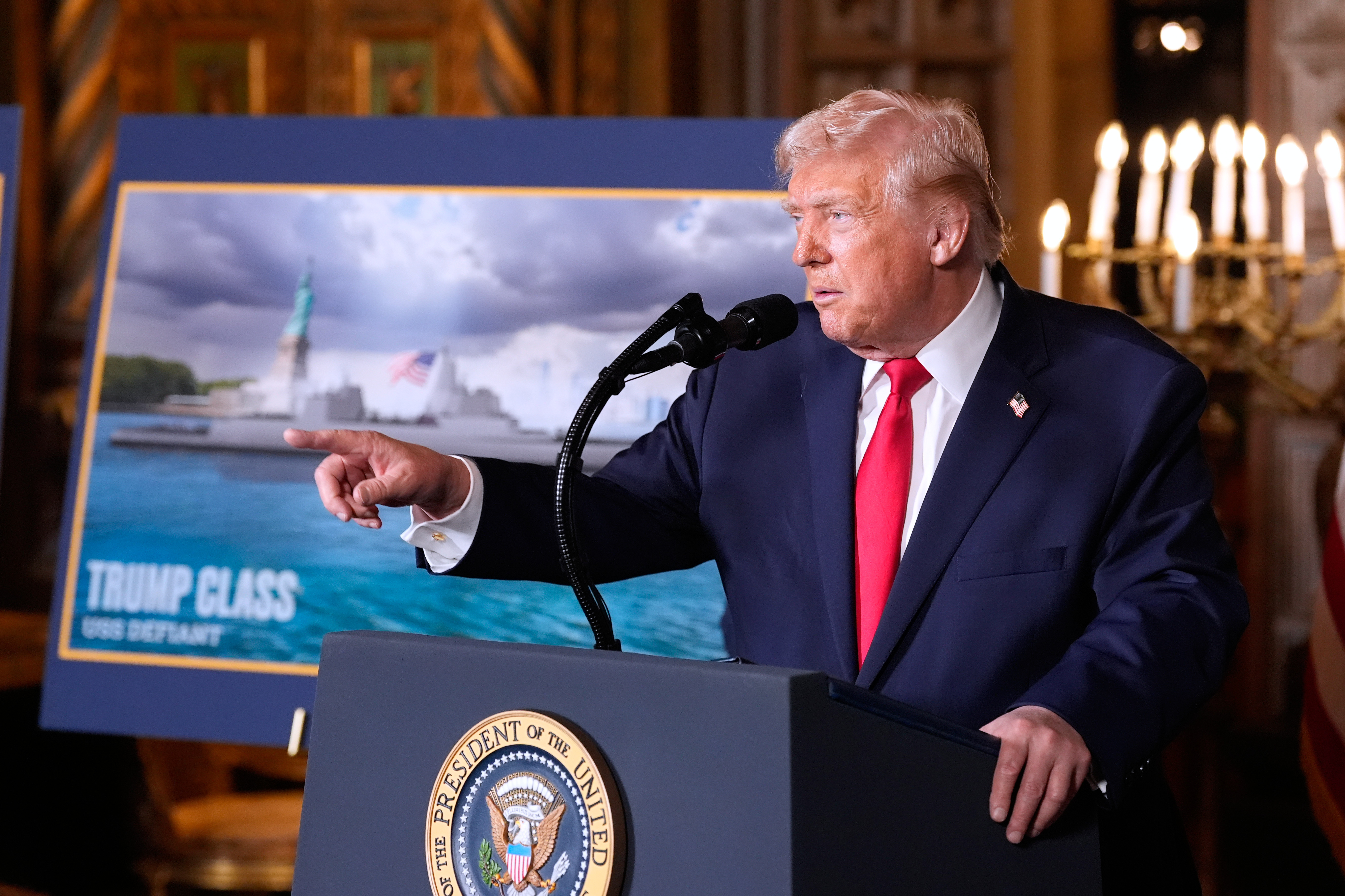 President Donald Trump speaks at his Mar-a-Lago club, Monday, Dec. 22, 2025, in Palm Beach, Fla.