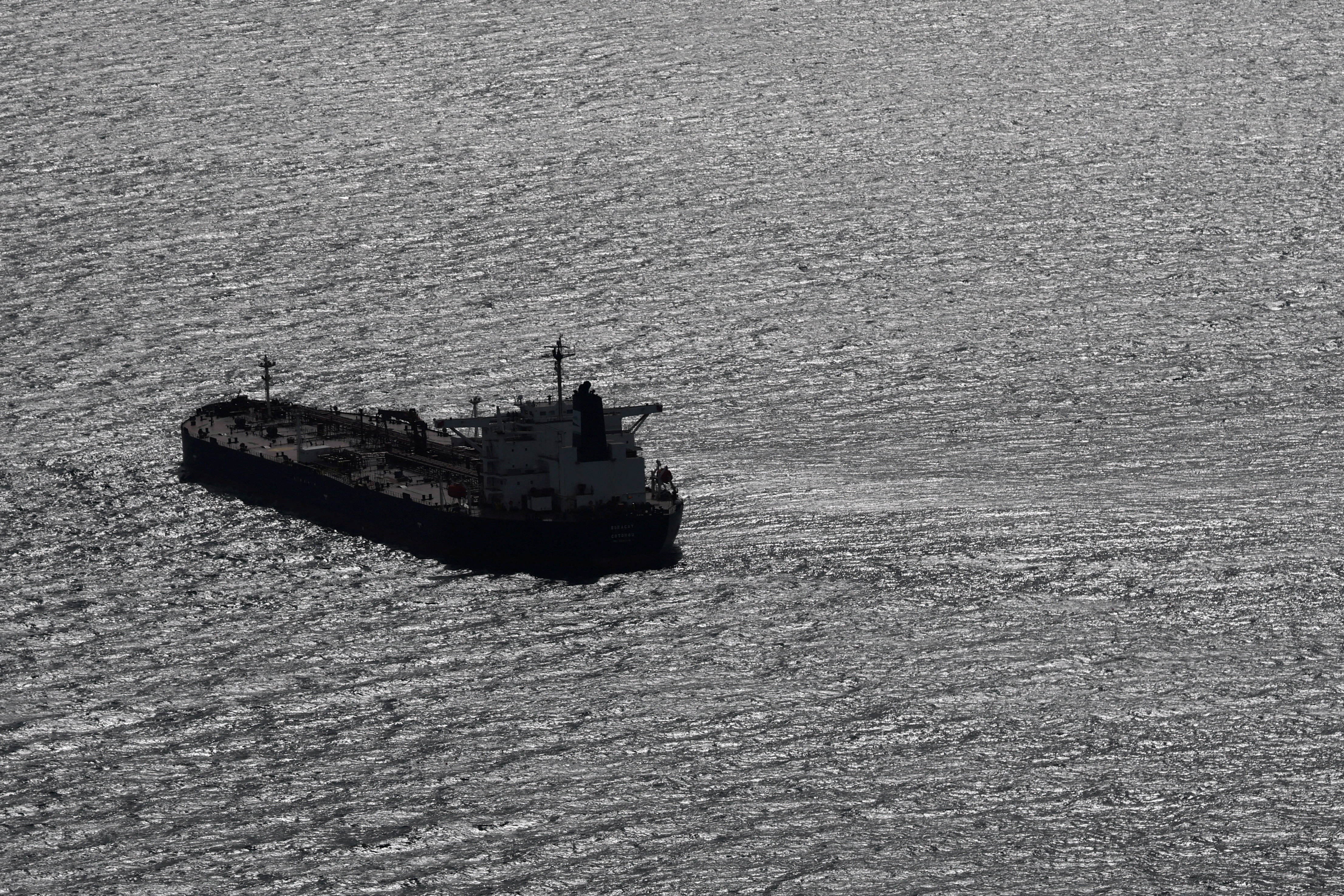 An aerial view shows the oil tanker named Boracay (also called Pushpa), a vessel being investigated by French authorities and suspected of belonging to the so-called “shadow fleet” involved in the Russian oil trade, off the coast of the western France port of Saint-Nazaire, France, October 2, 2025. REUTERS/Stephane Mahe     TPX IMAGES OF THE DAY