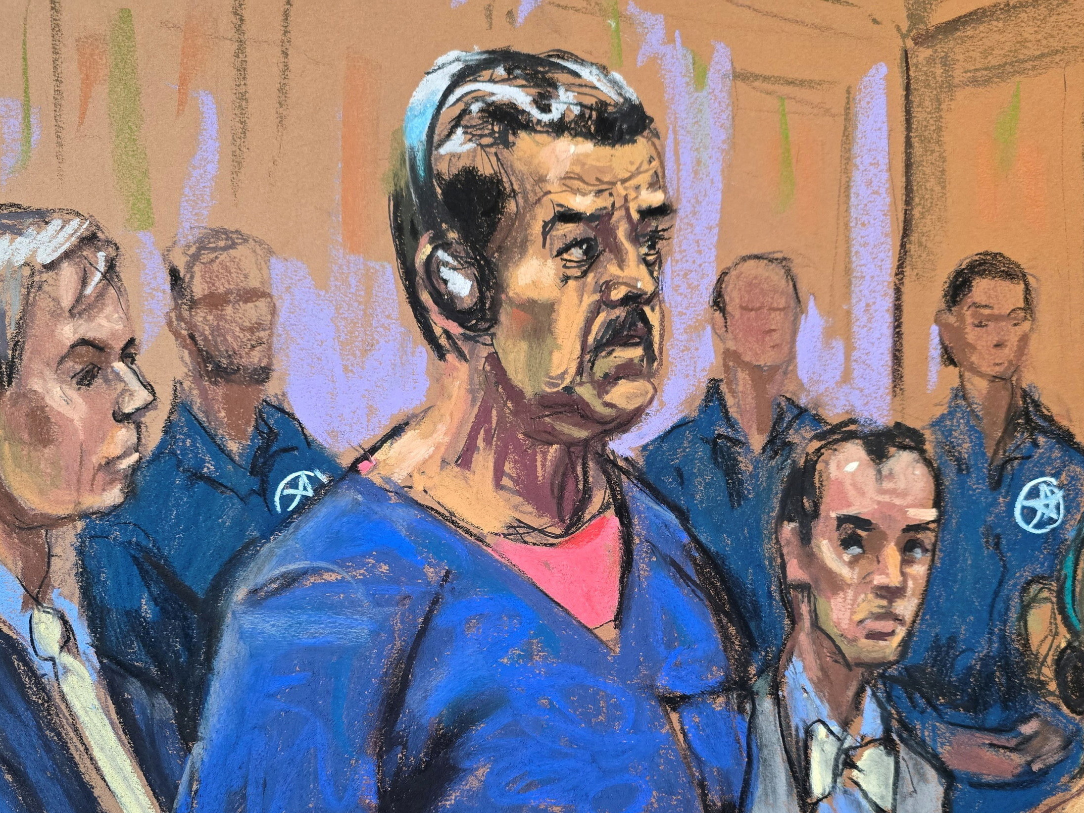 Venezuela's captured President Nicolas Maduro and his wife Cilia Flores attend their arraignment with defense lawyers Barry Pollack and Mark Donnelly to face U.S. federal charges including narco-terrorism, conspiracy, drug trafficking, money laundering and others, at the Daniel Patrick Moynihan United States Courthouse in Manhattan, New York City, U.S., January 5, 2026 in this courtroom sketch. [Jane Rosenberg/Reuters]