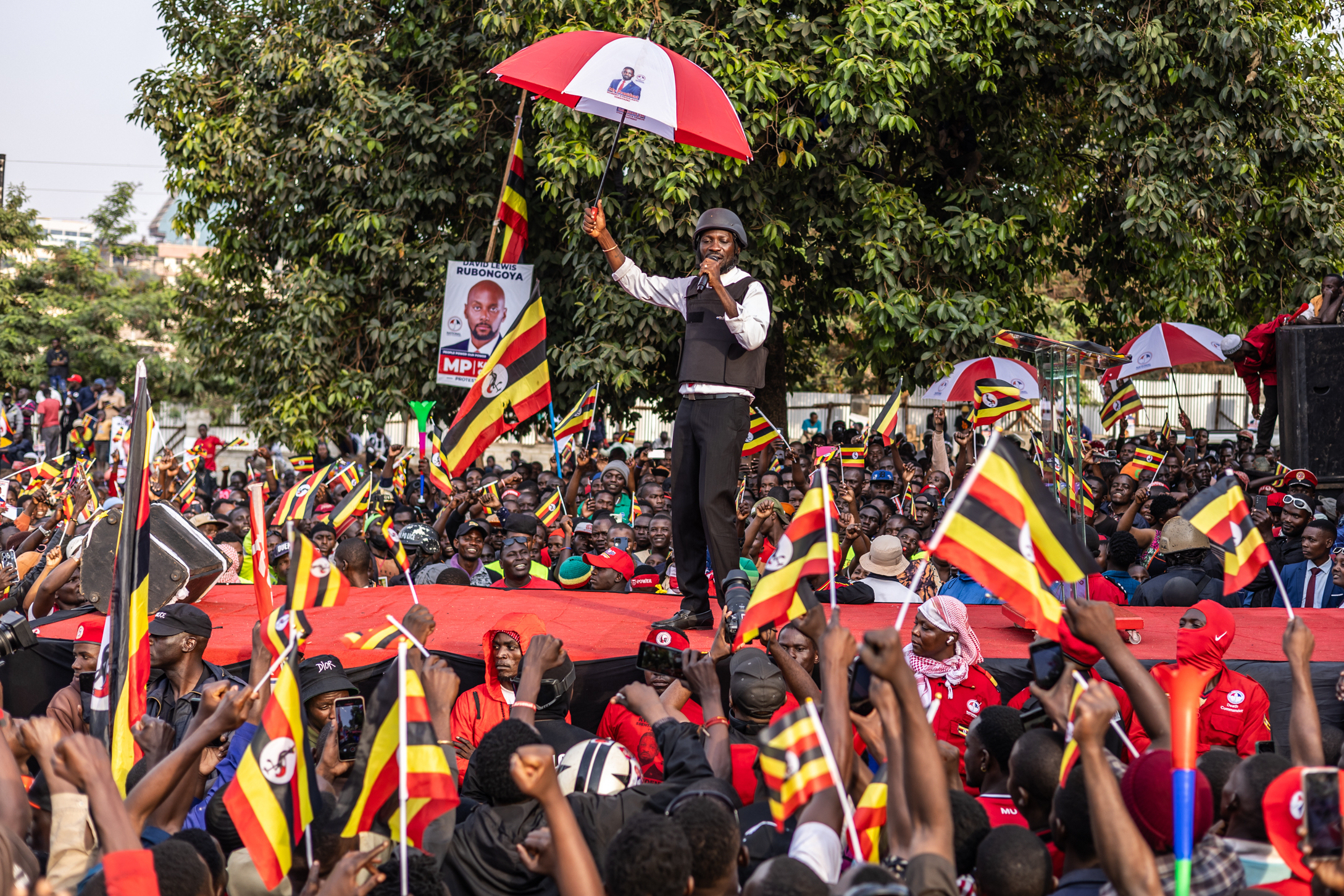 Bobi Wine addresses supporters during a rally.