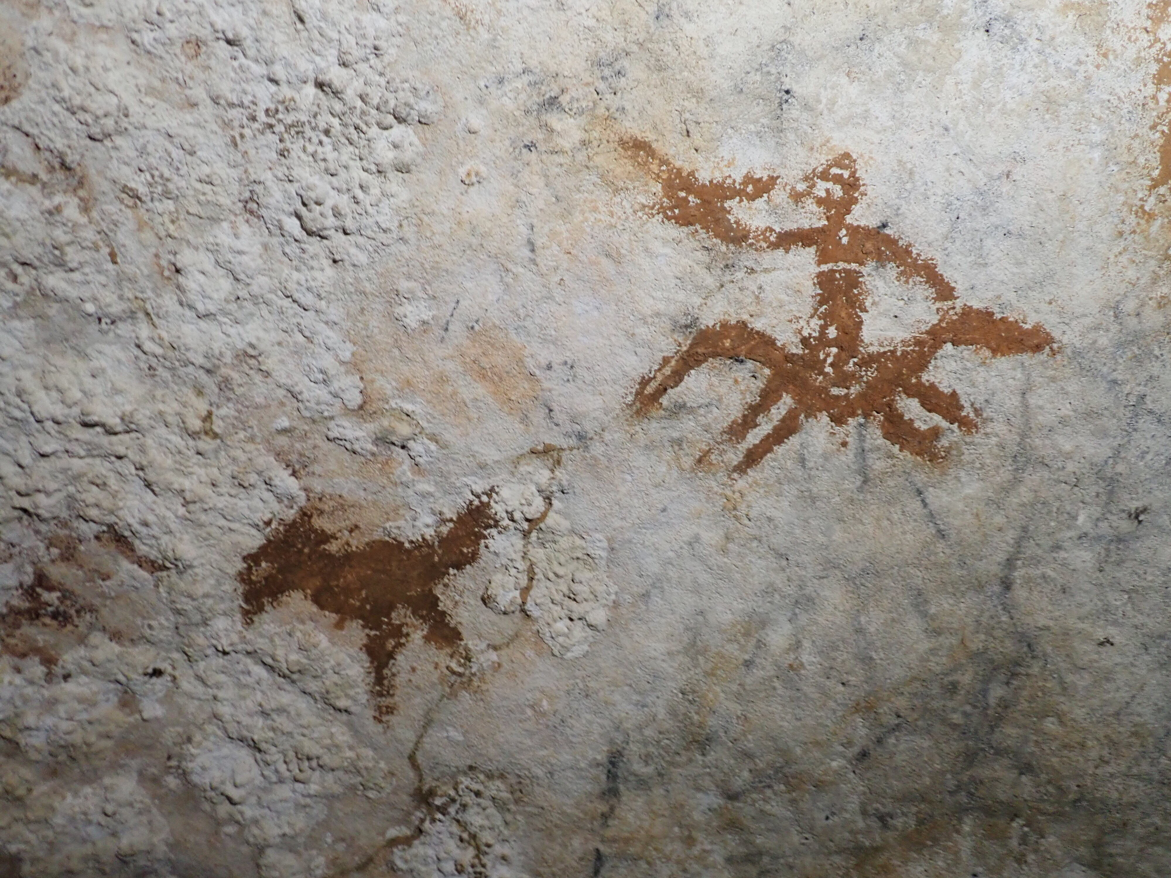 This image provided by Maxime Aubert shows cave drawings in Sulawesi, Indonesia of a human figure and a bird with a faded handprint in between them. (Maxime Aubert via AP)